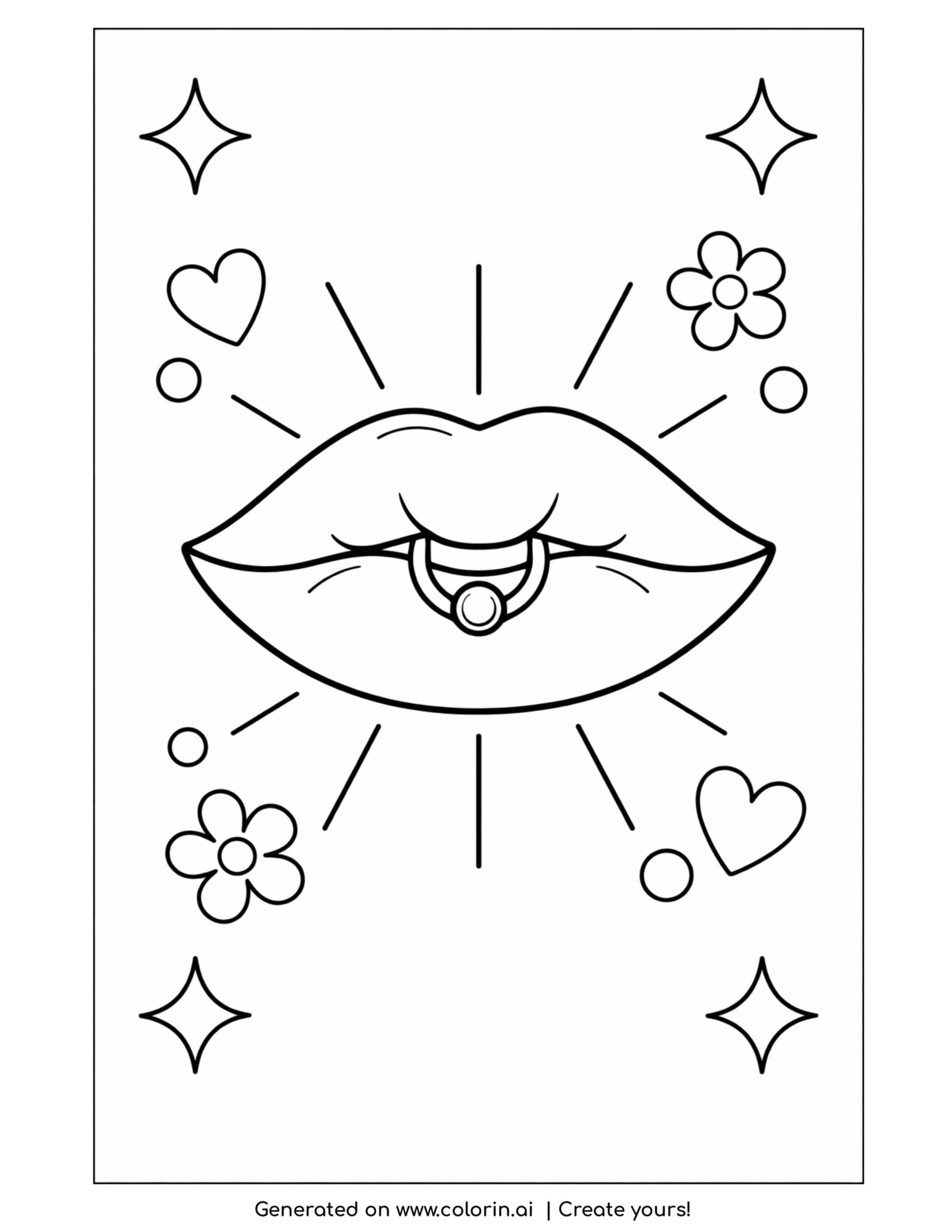 lips with piercing and sparkles coloring page with hearts and flowers