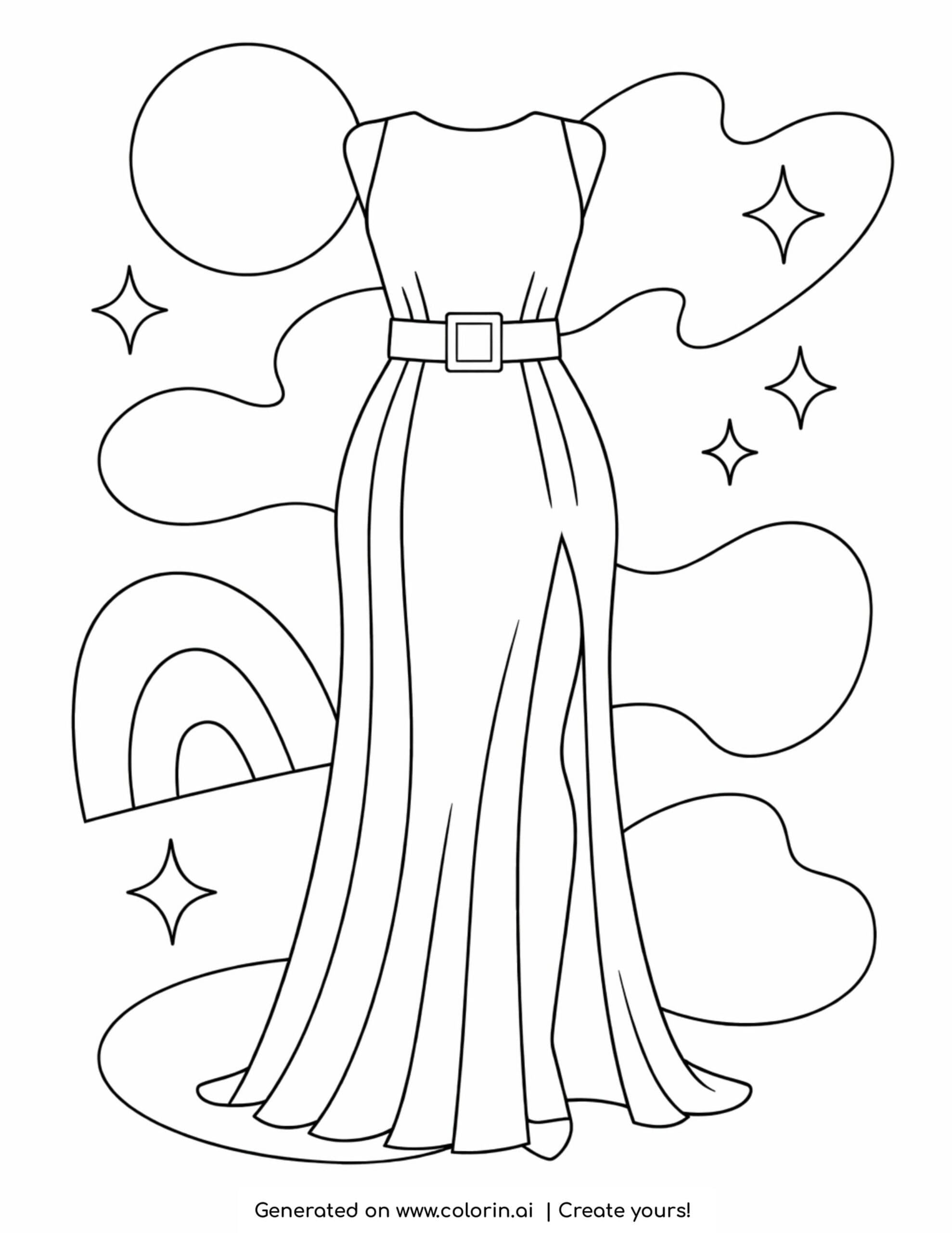long dress with stars background coloring page featuring flowing fabric and abstract shapes