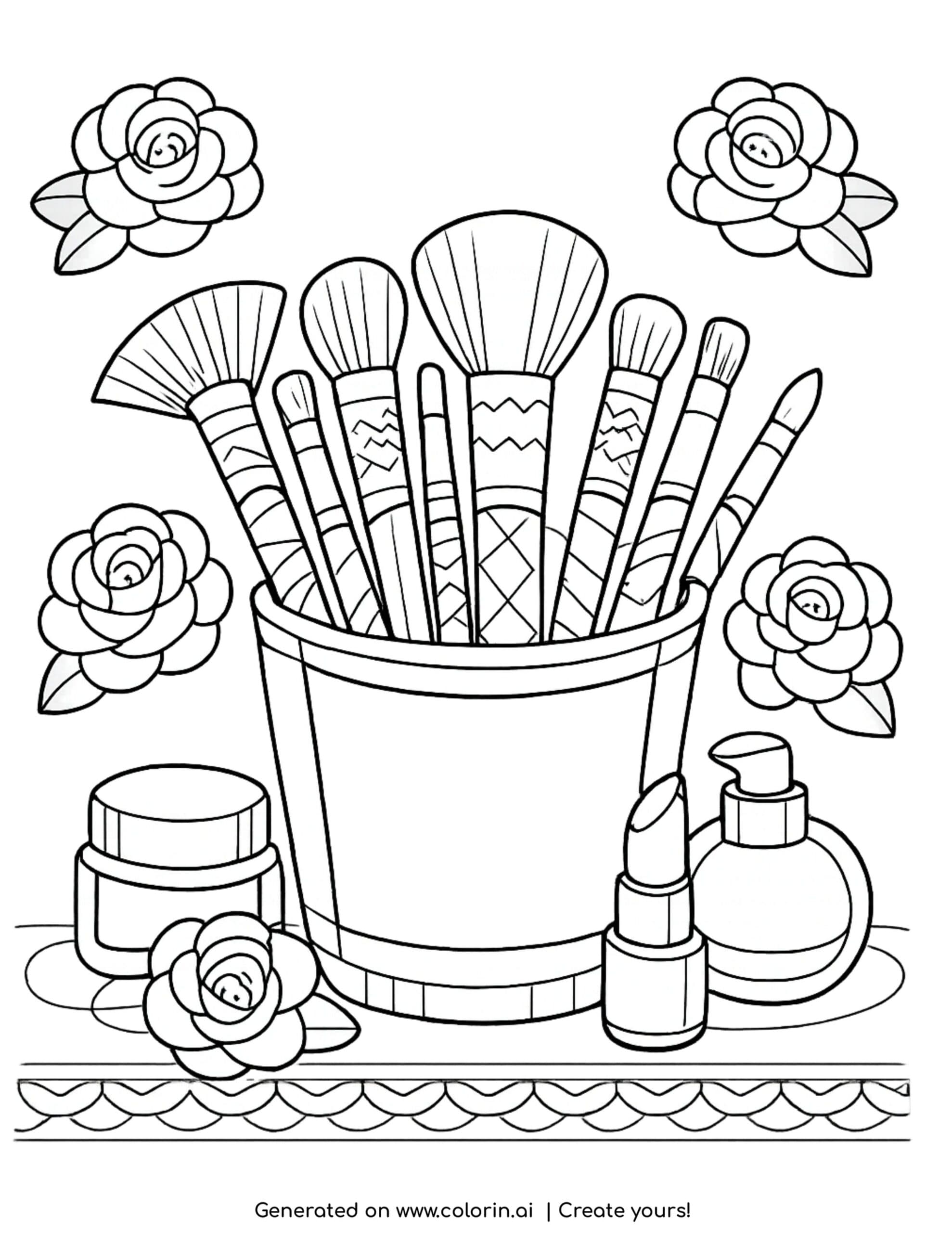 makeup brushes in a cup with cosmetics coloring page with flowers and beauty items