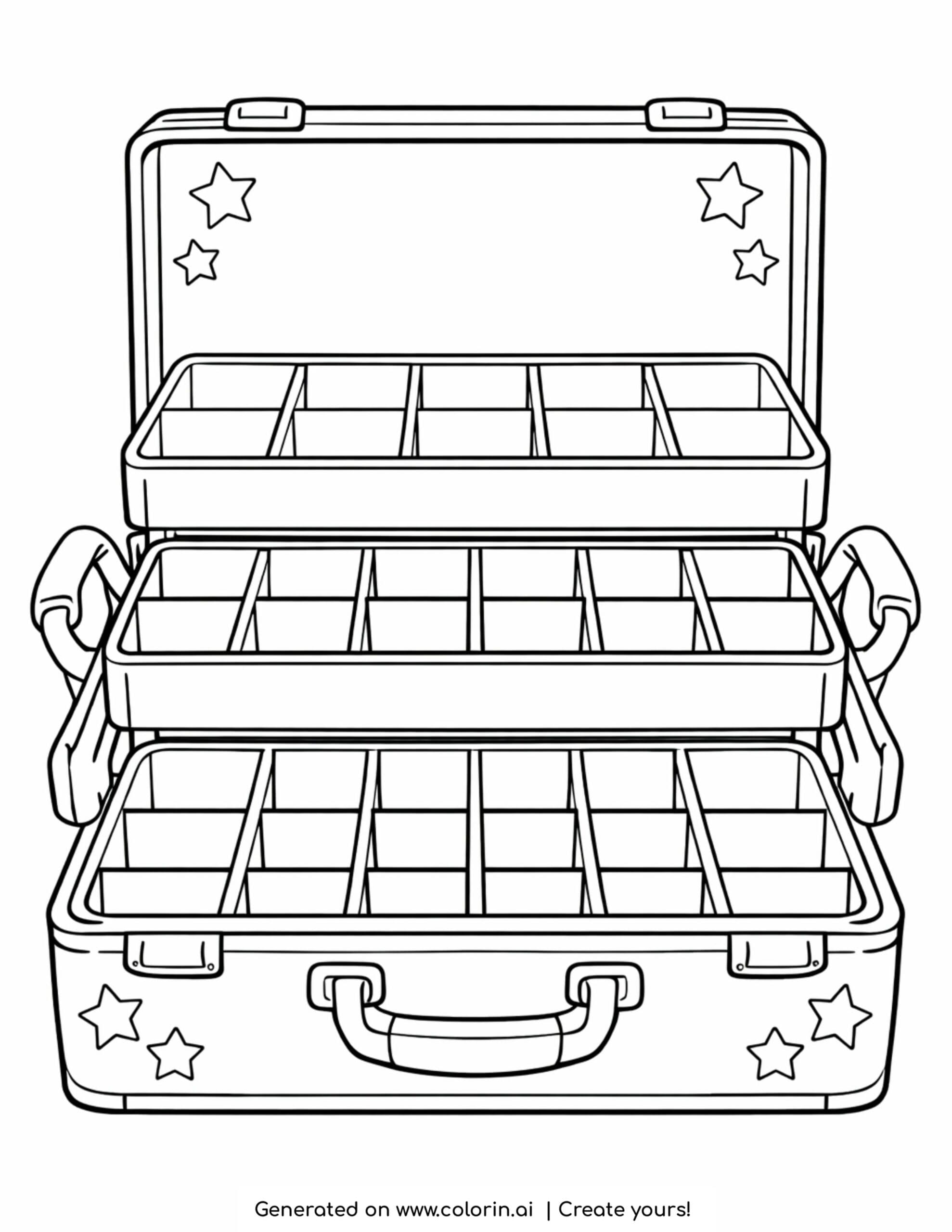 makeup case with compartments open coloring page with organized trays and stars