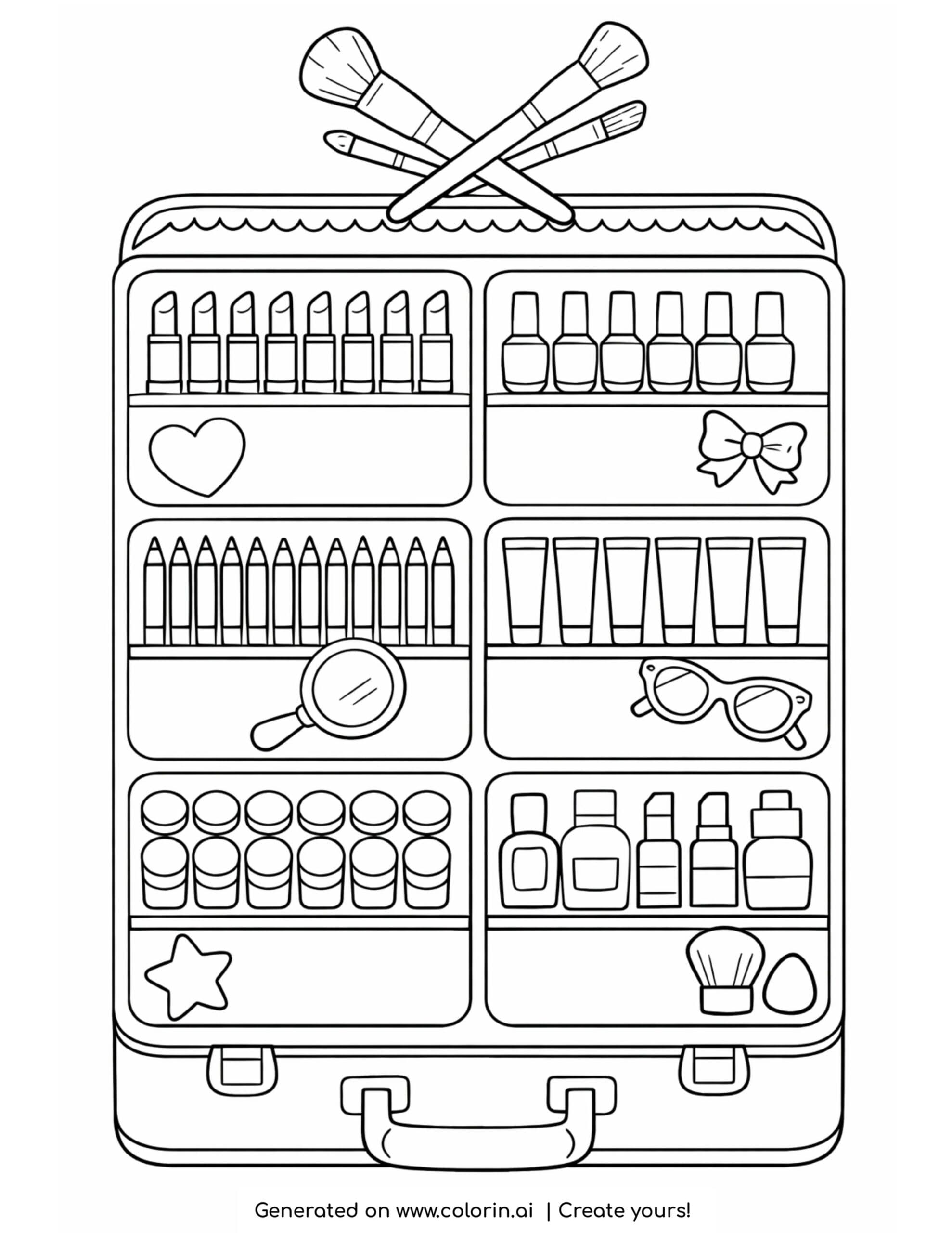 makeup case with organized cosmetics coloring page with brushes lipsticks and beauty items