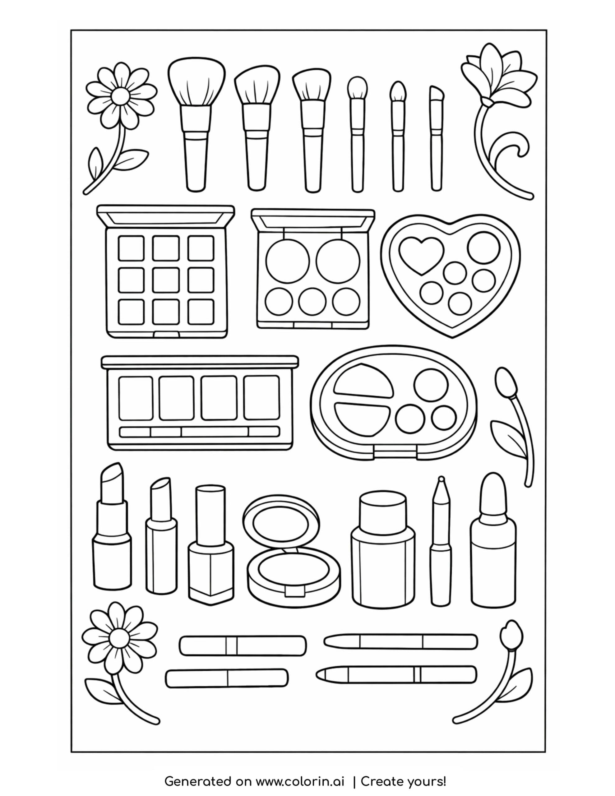 makeup collection with brushes and palettes coloring page with flowers