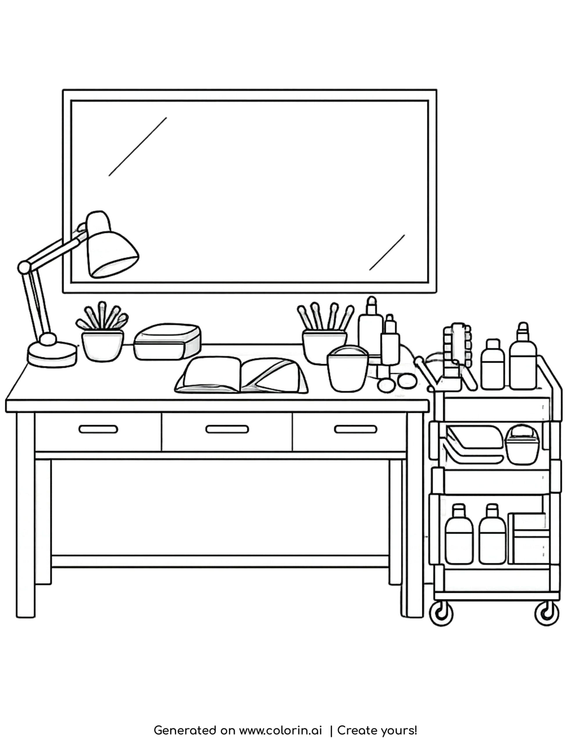 makeup desk with lamp and cart coloring page with mirror and cosmetics