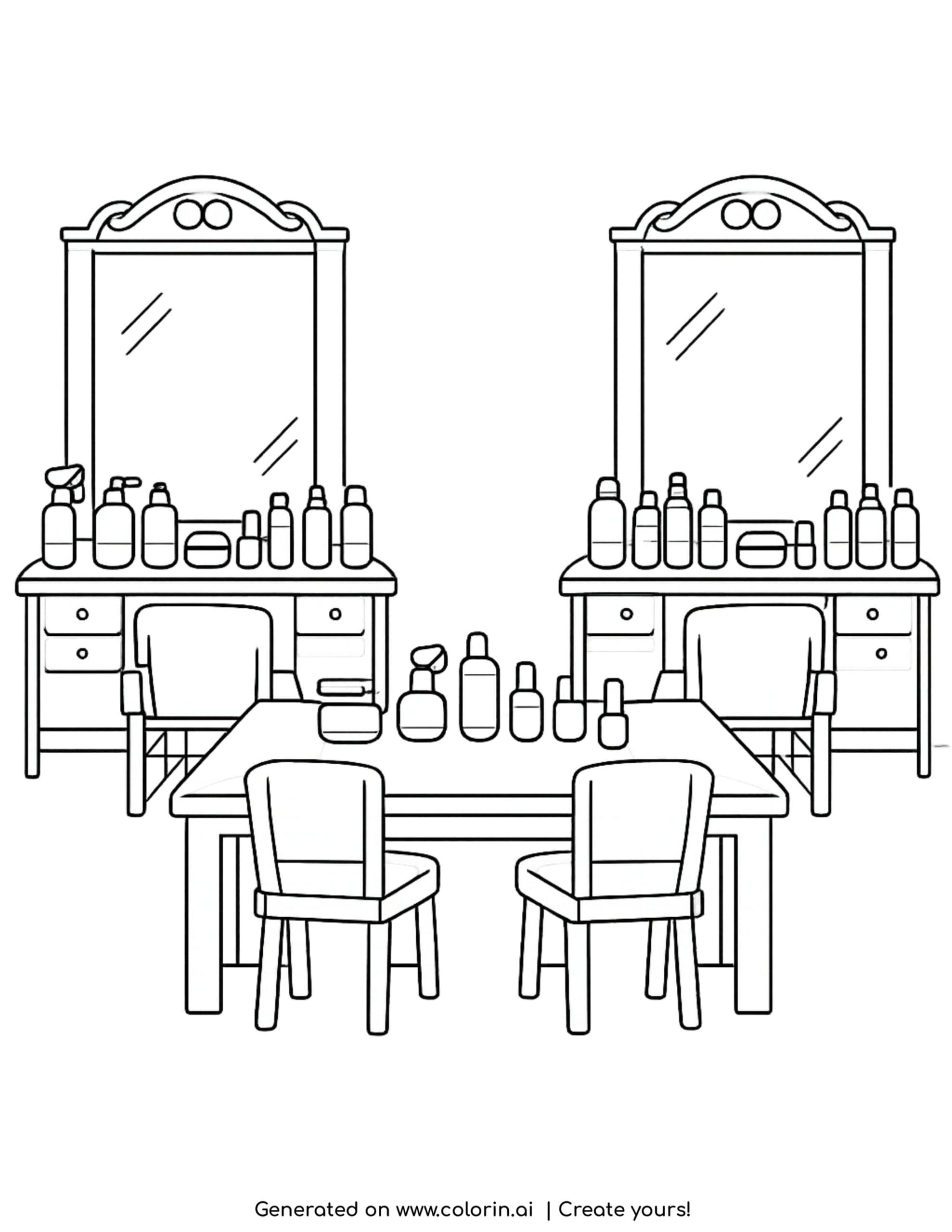makeup studio with two mirrors coloring page with chairs and cosmetics