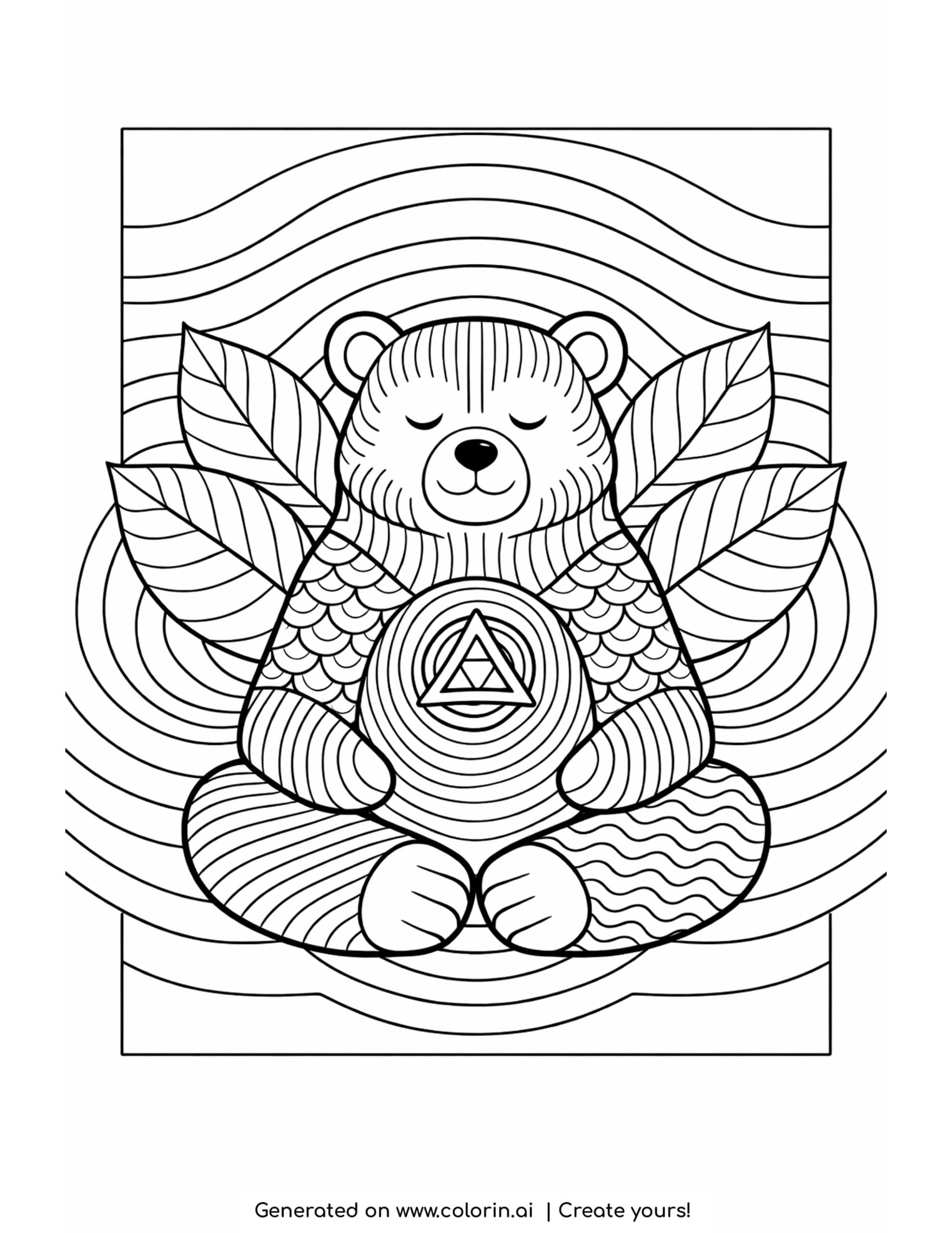 meditating bear with geometric symbol and leaves coloring page