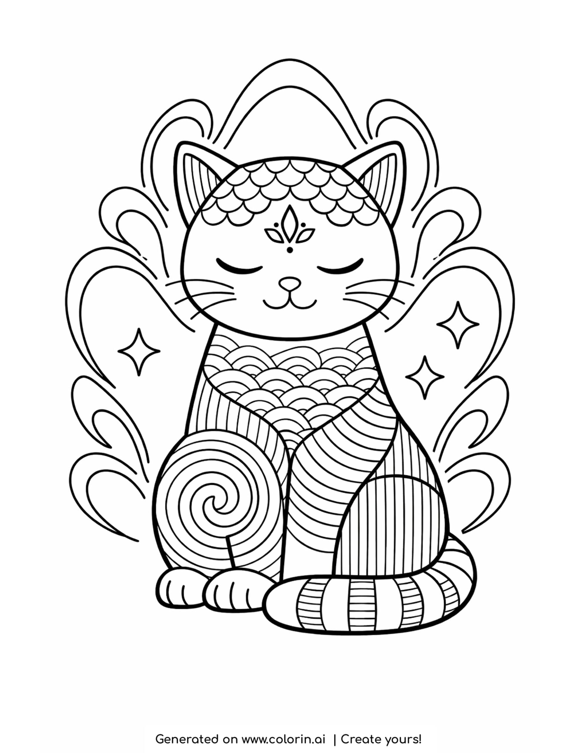 meditating cat with aura and stars cute zen coloring page
