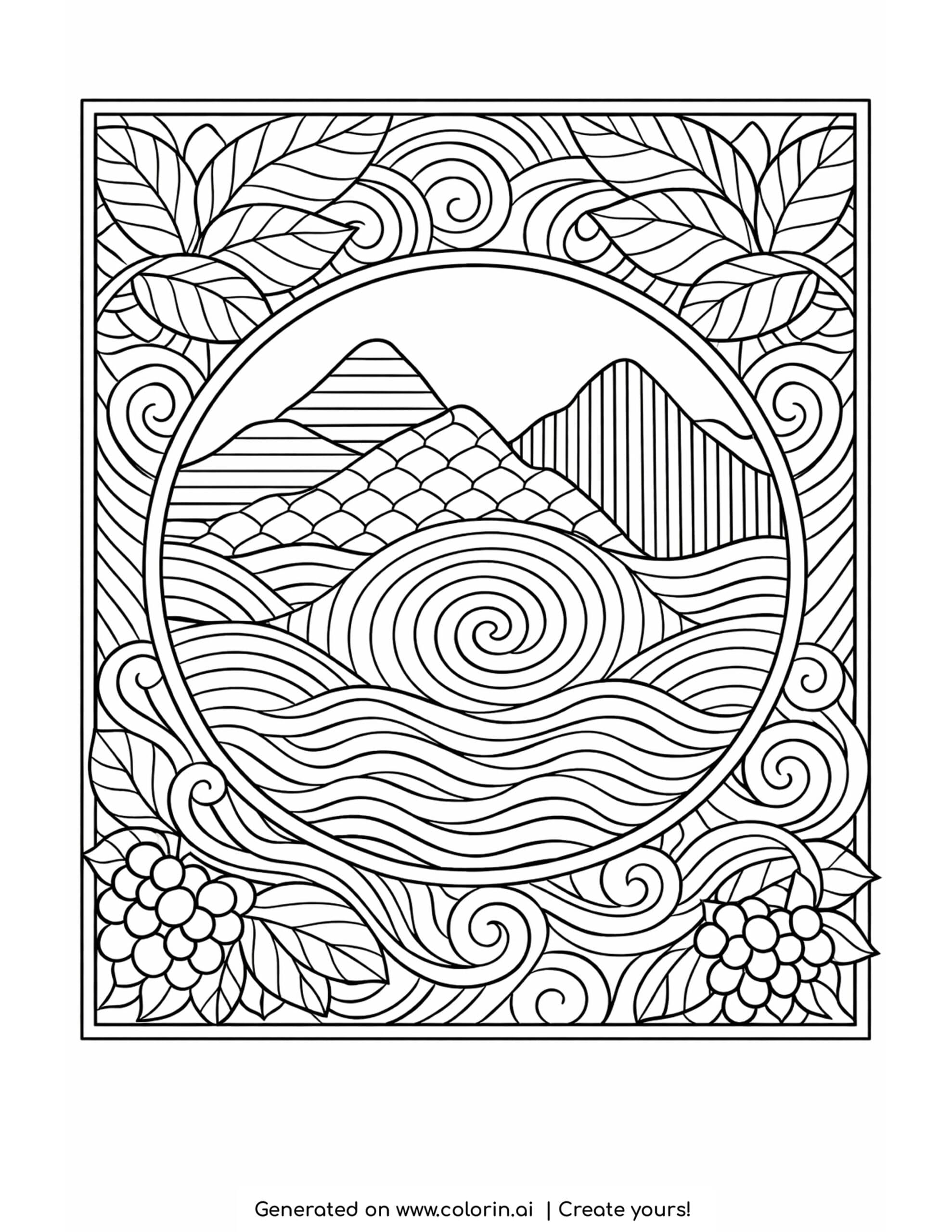 mountain waves inside circular frame with leaves coloring page