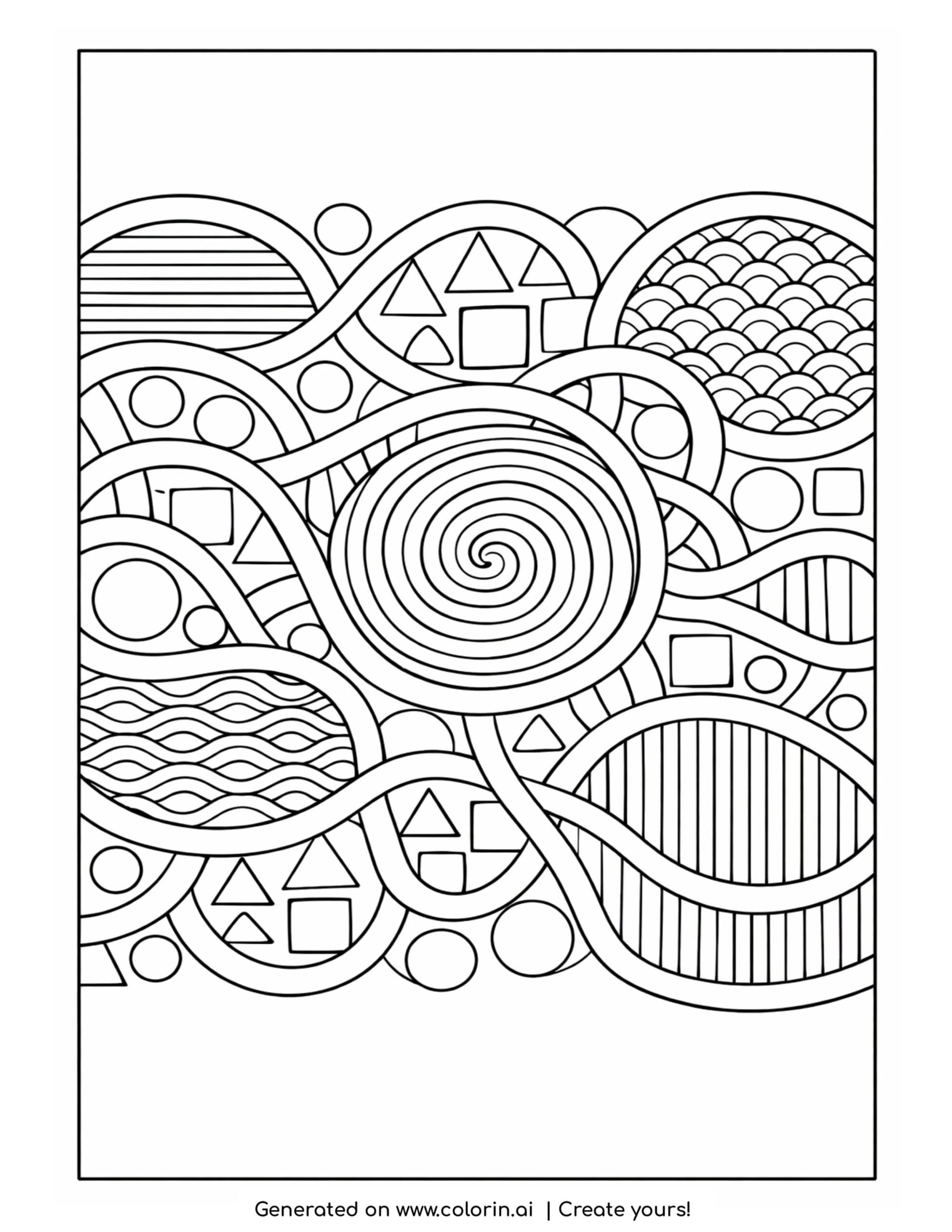 organic maze with geometric shapes coloring page with flowing abstract patterns