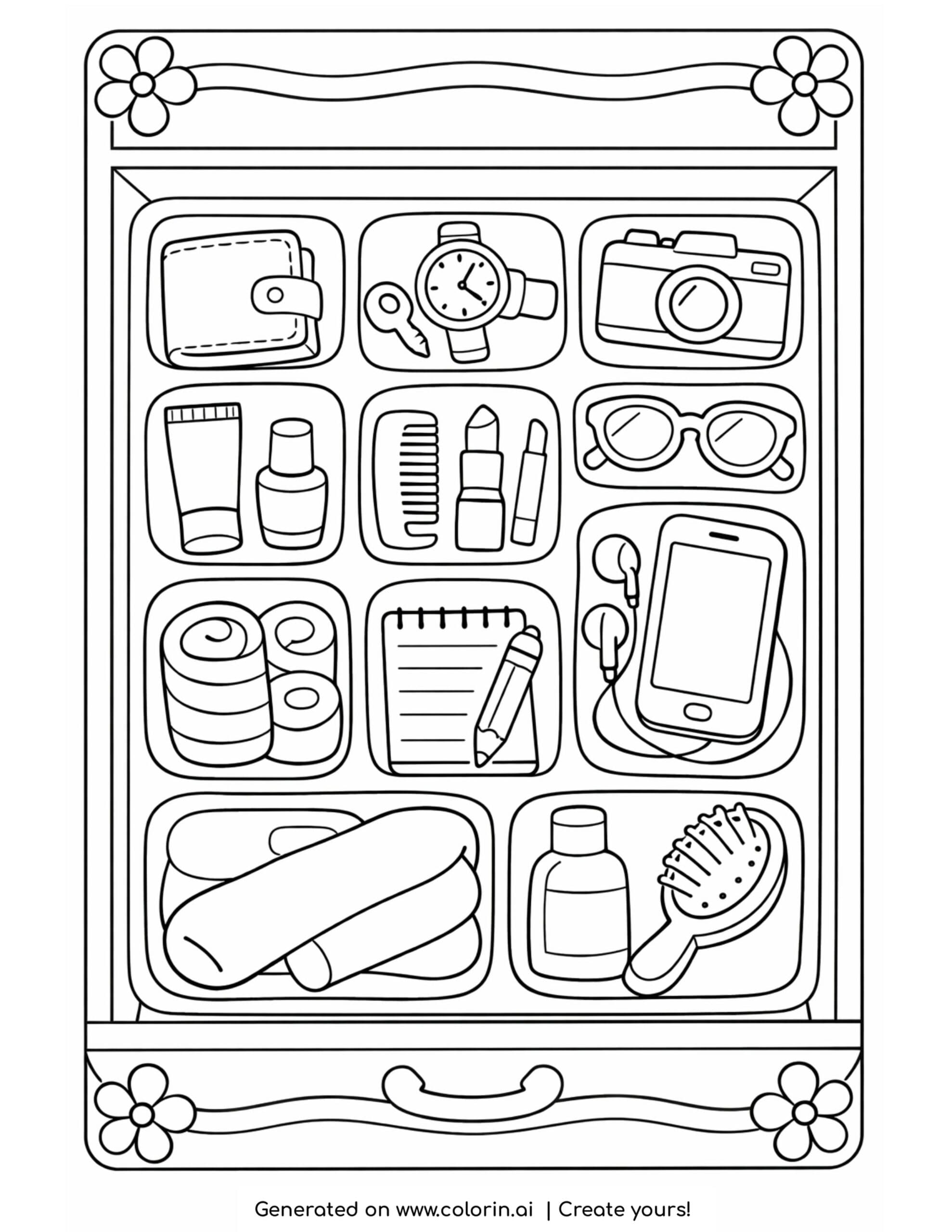 organized drawer with personal items coloring page with sections and accessories