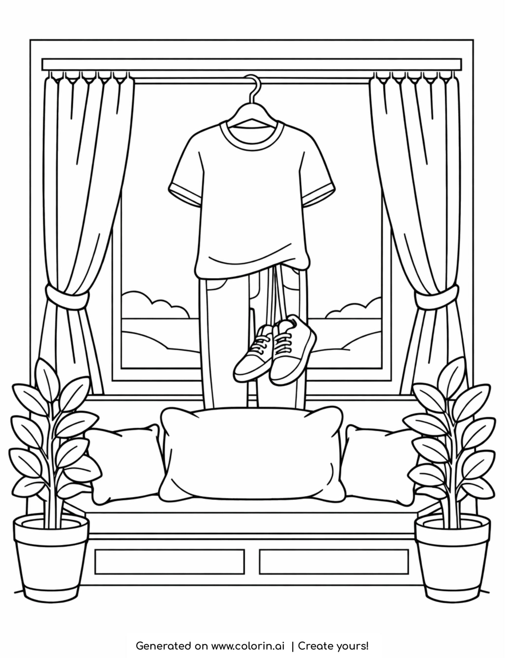 outfit hanging above couch by window coloring page with plants and curtains