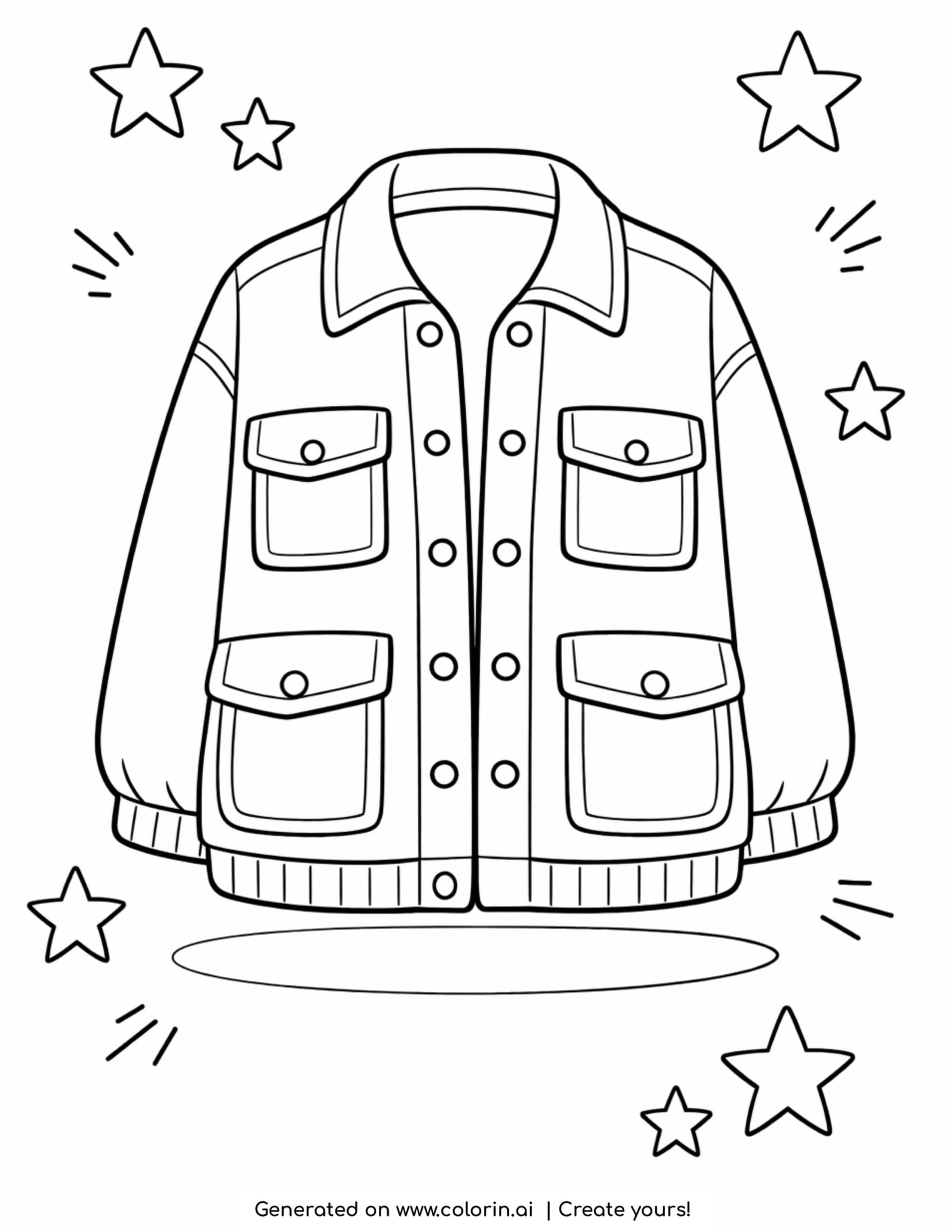oversized jacket with pockets and buttons surrounded by stars coloring page