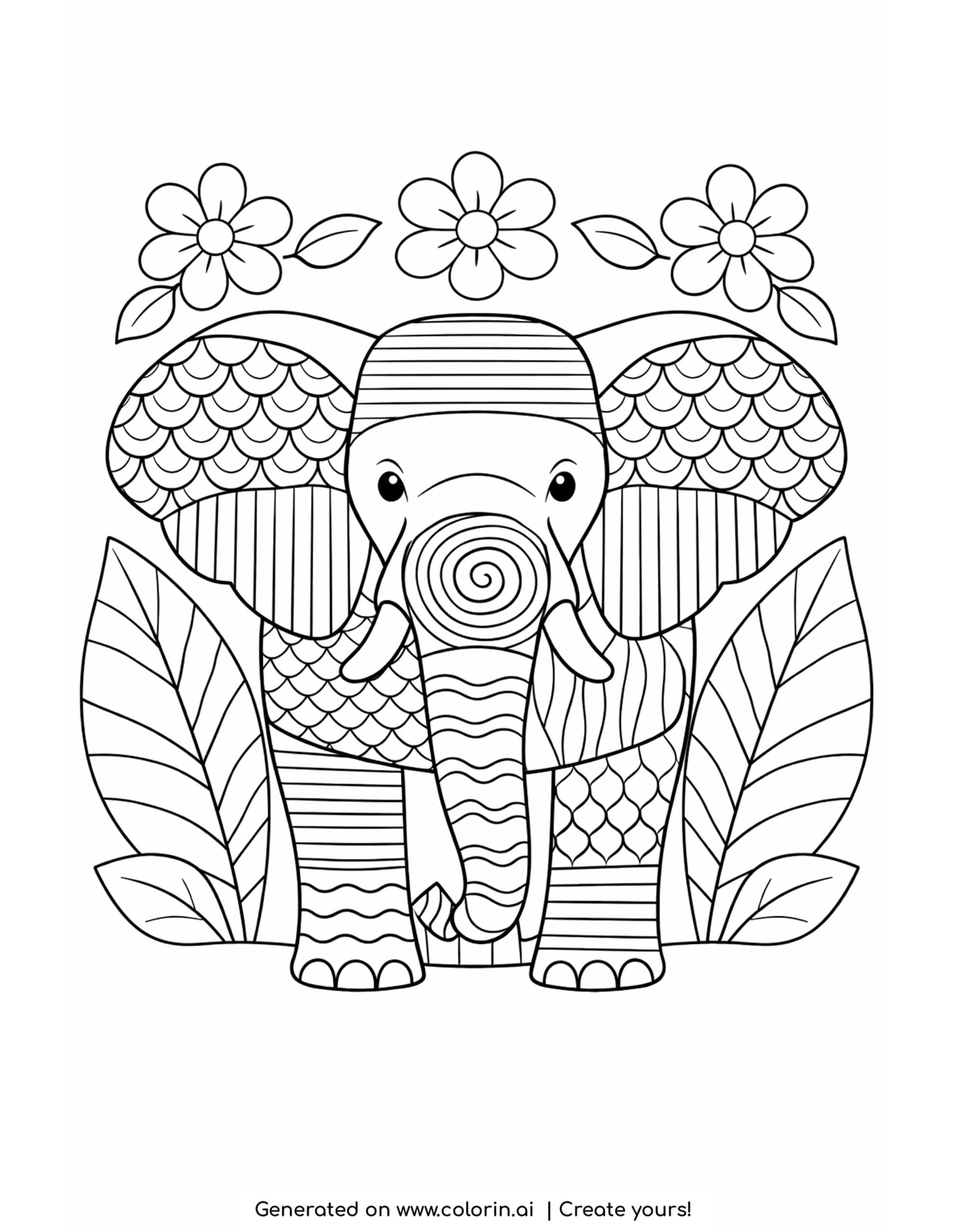 patterned elephant with flowers coloring page with detailed sections and floral frame