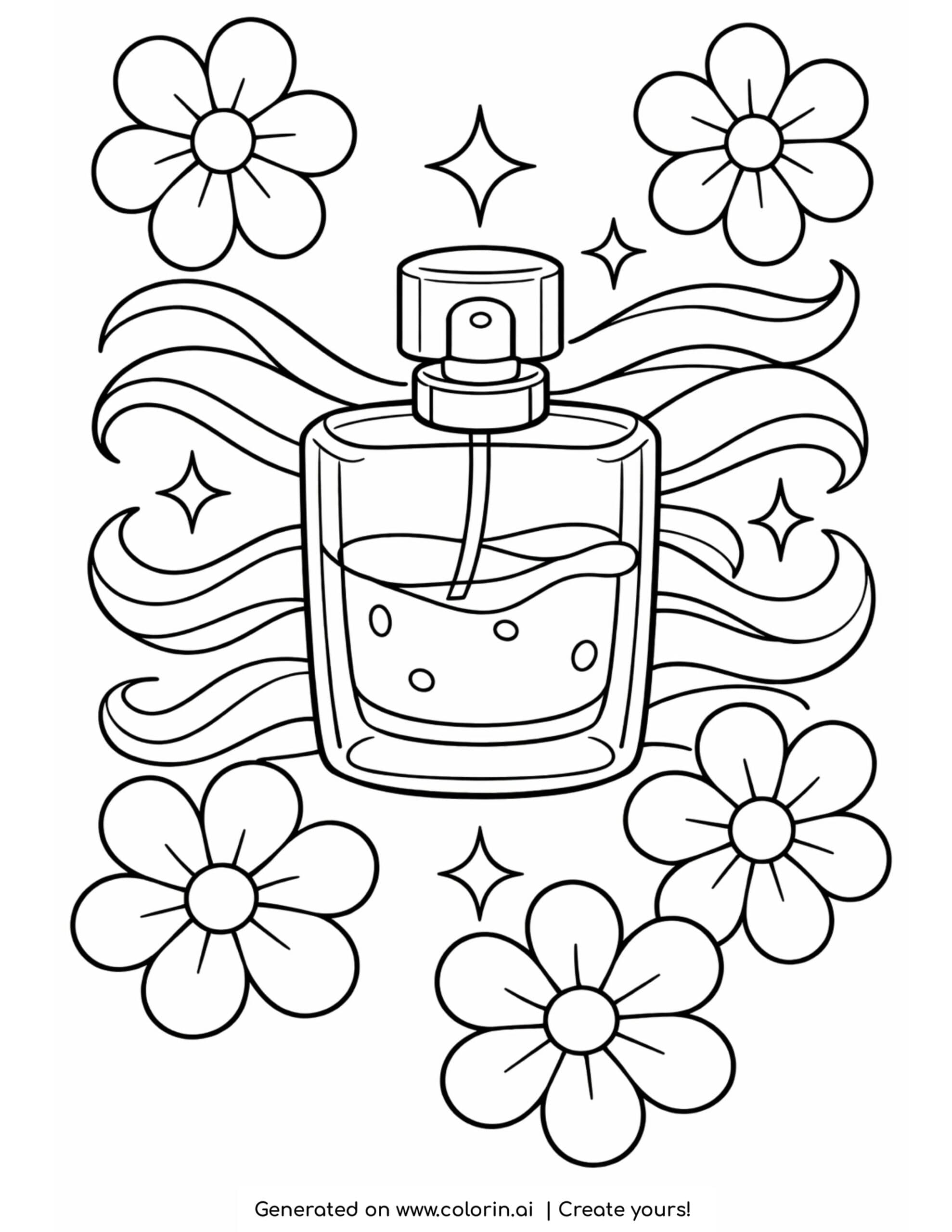 perfume bottle with flowers and waves coloring page with floral and flowing details
