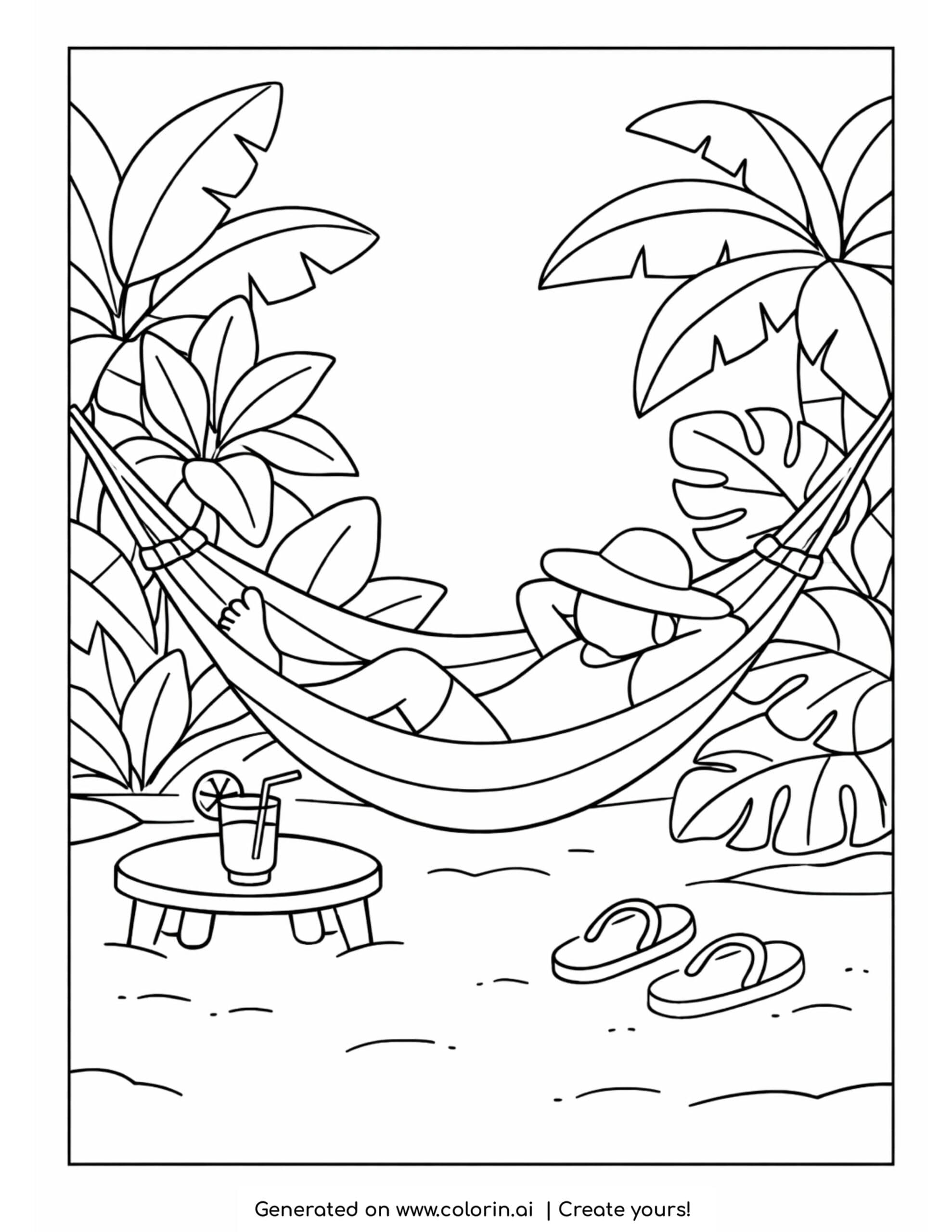 person relaxing in hammock by beach coloring page with plants drink and sandals