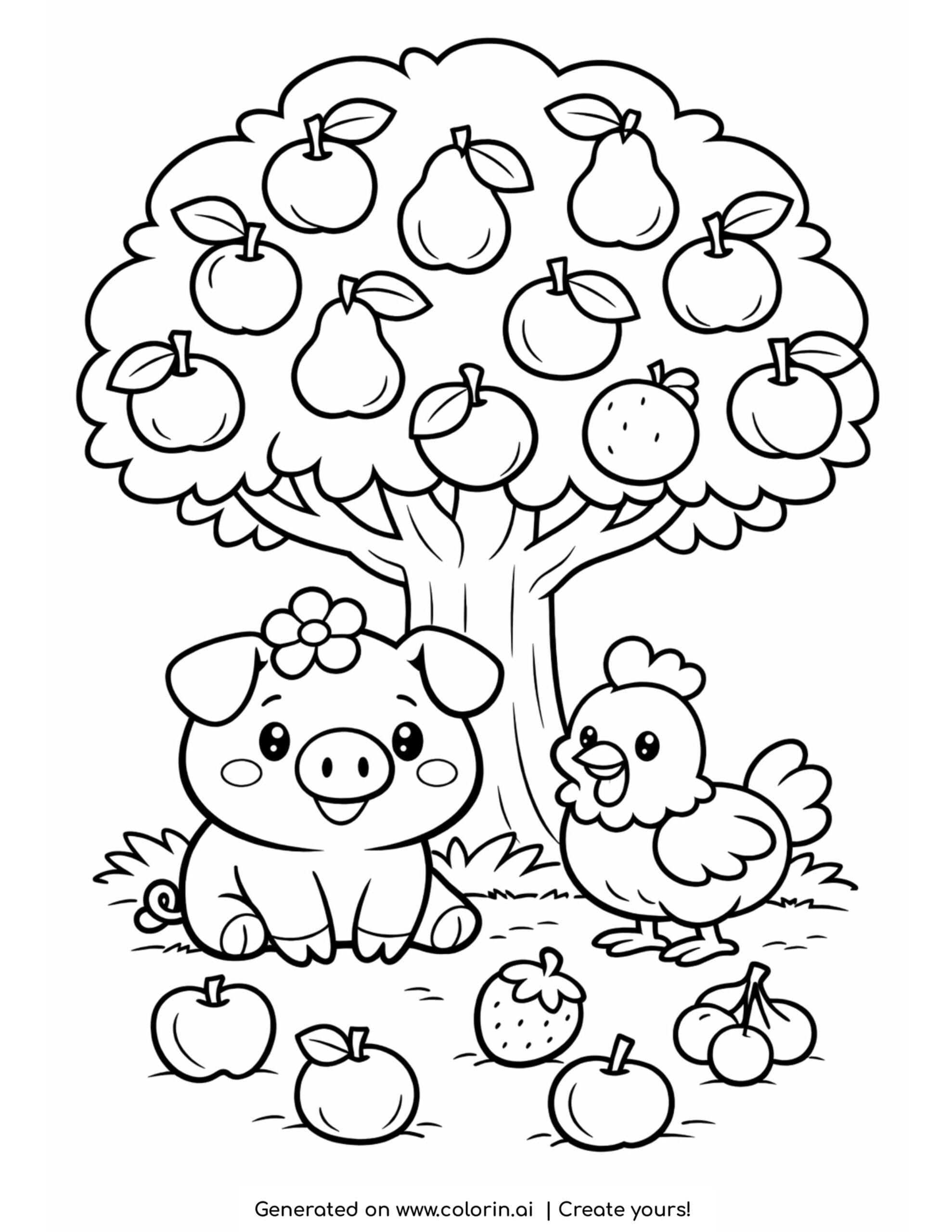 pig and chicken under fruit tree coloring page with apples pears and fallen fruits