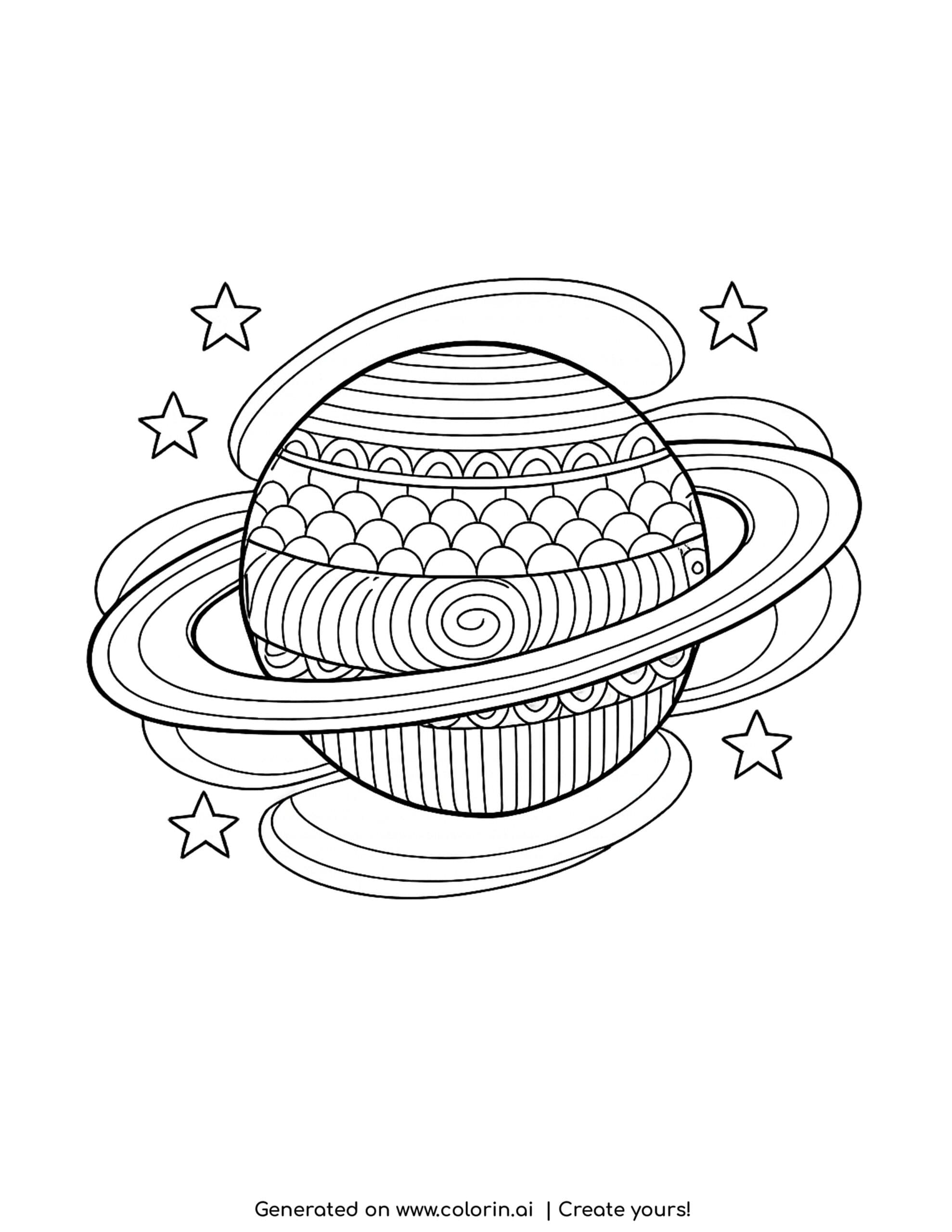 planet with wide rings and stars detailed pattern coloring page
