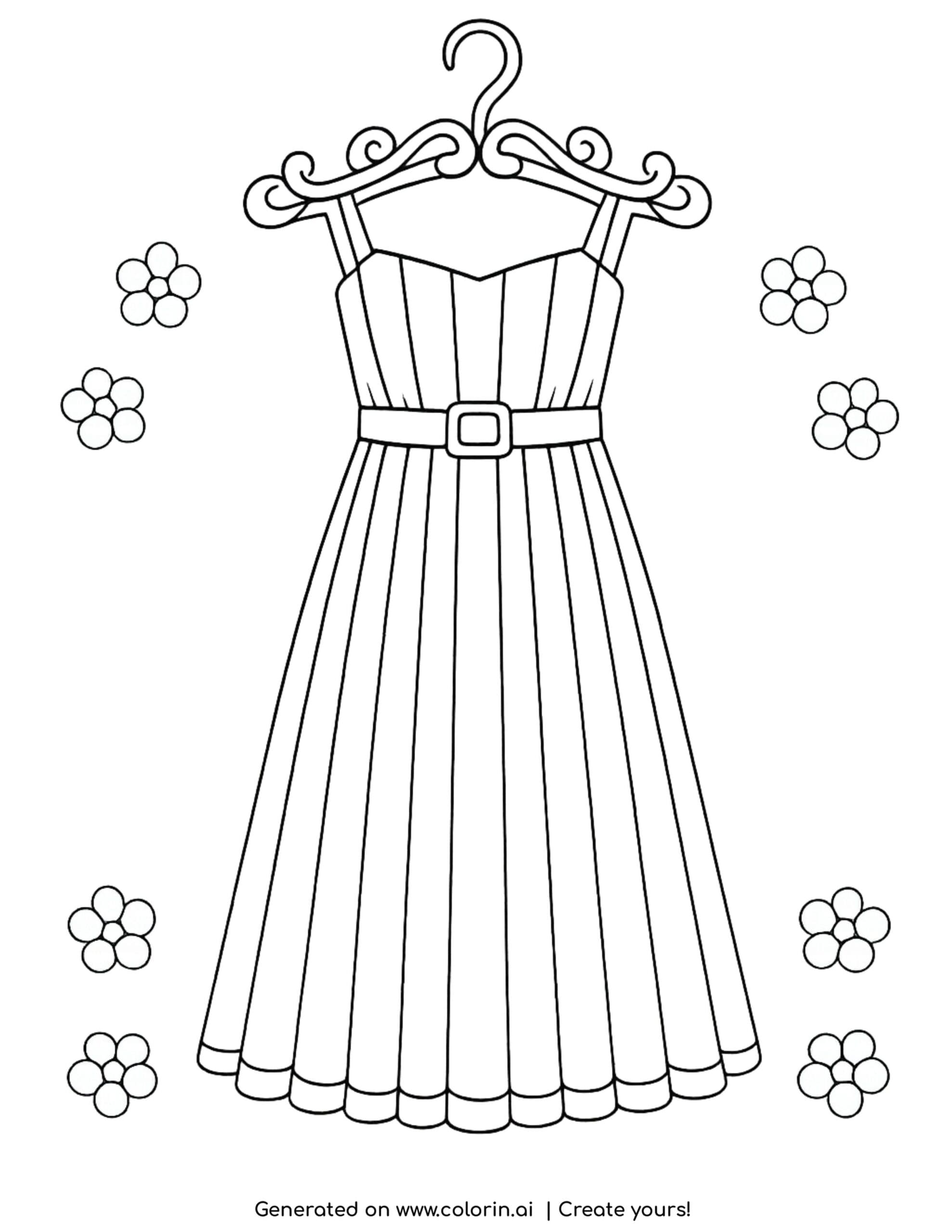 pleated midi dress with belt and small flowers coloring page