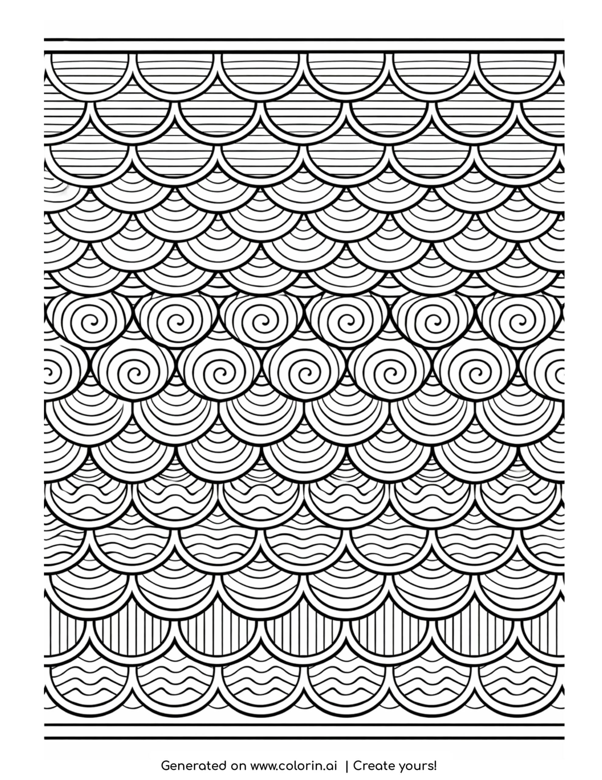zentangle scale pattern rows coloring page with layered scallop and spiral designs