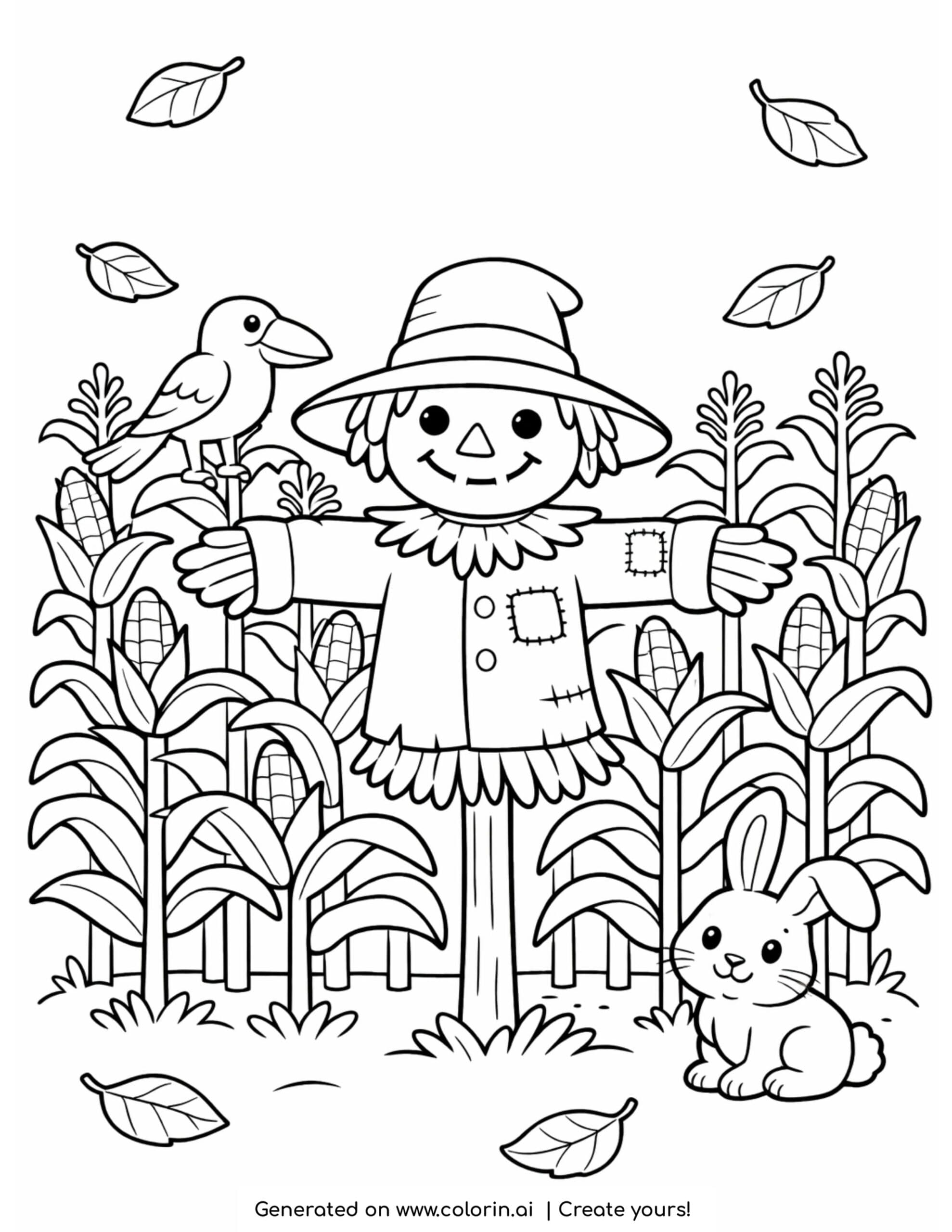 scarecrow in cornfield with rabbit coloring page with crow and falling leaves
