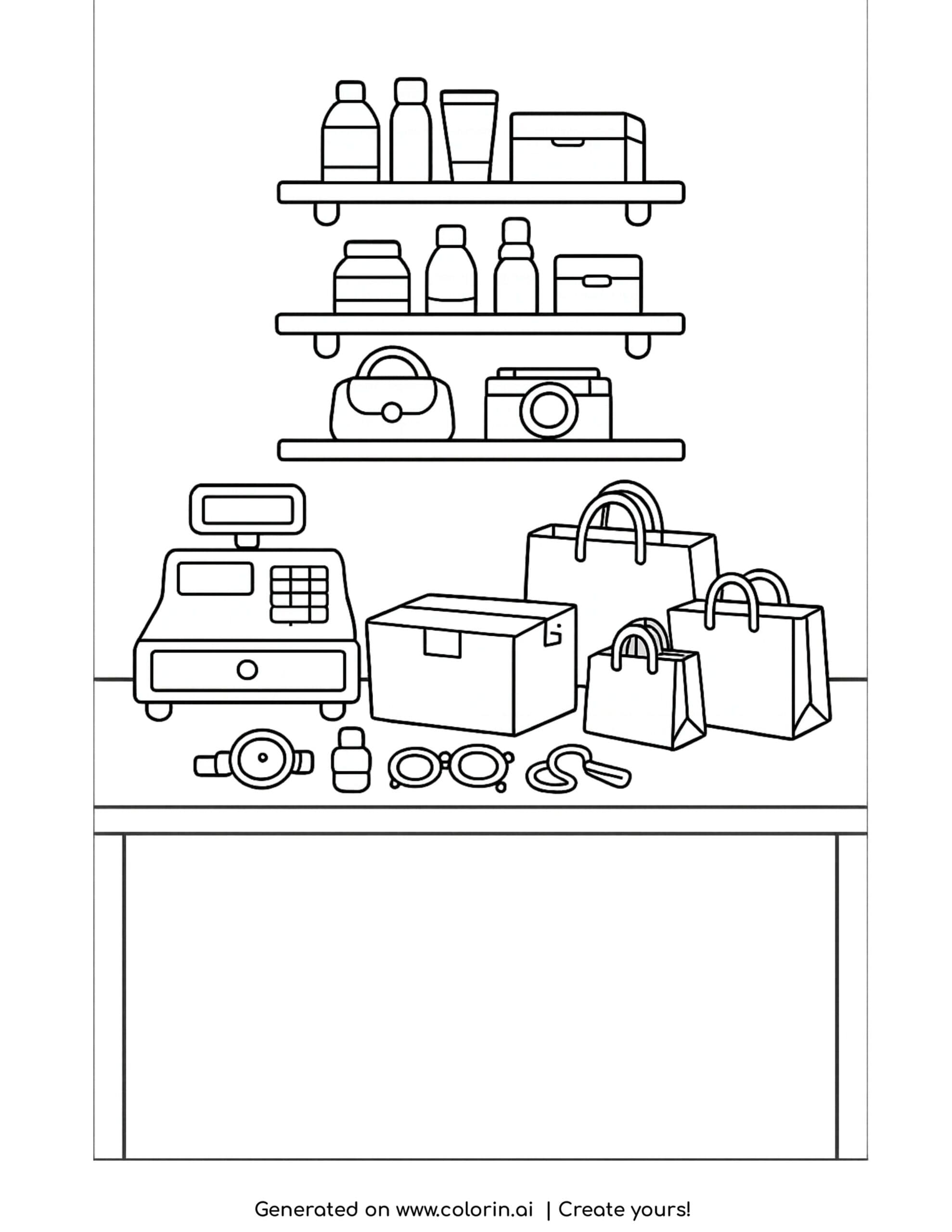 shop counter with bags accessories and shelves coloring page