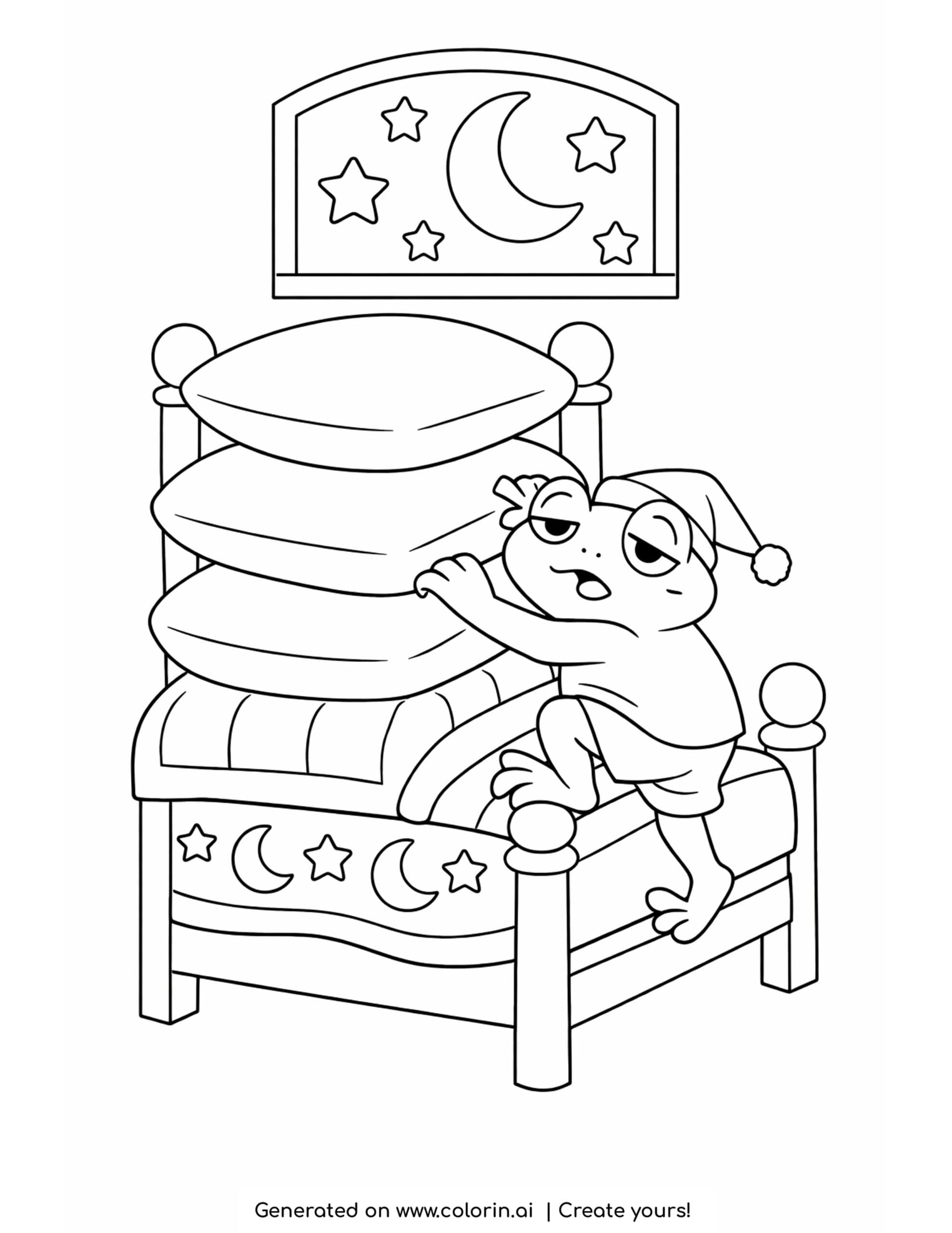 sleepy frog climbing into tall bed coloring page with pillows and moon window