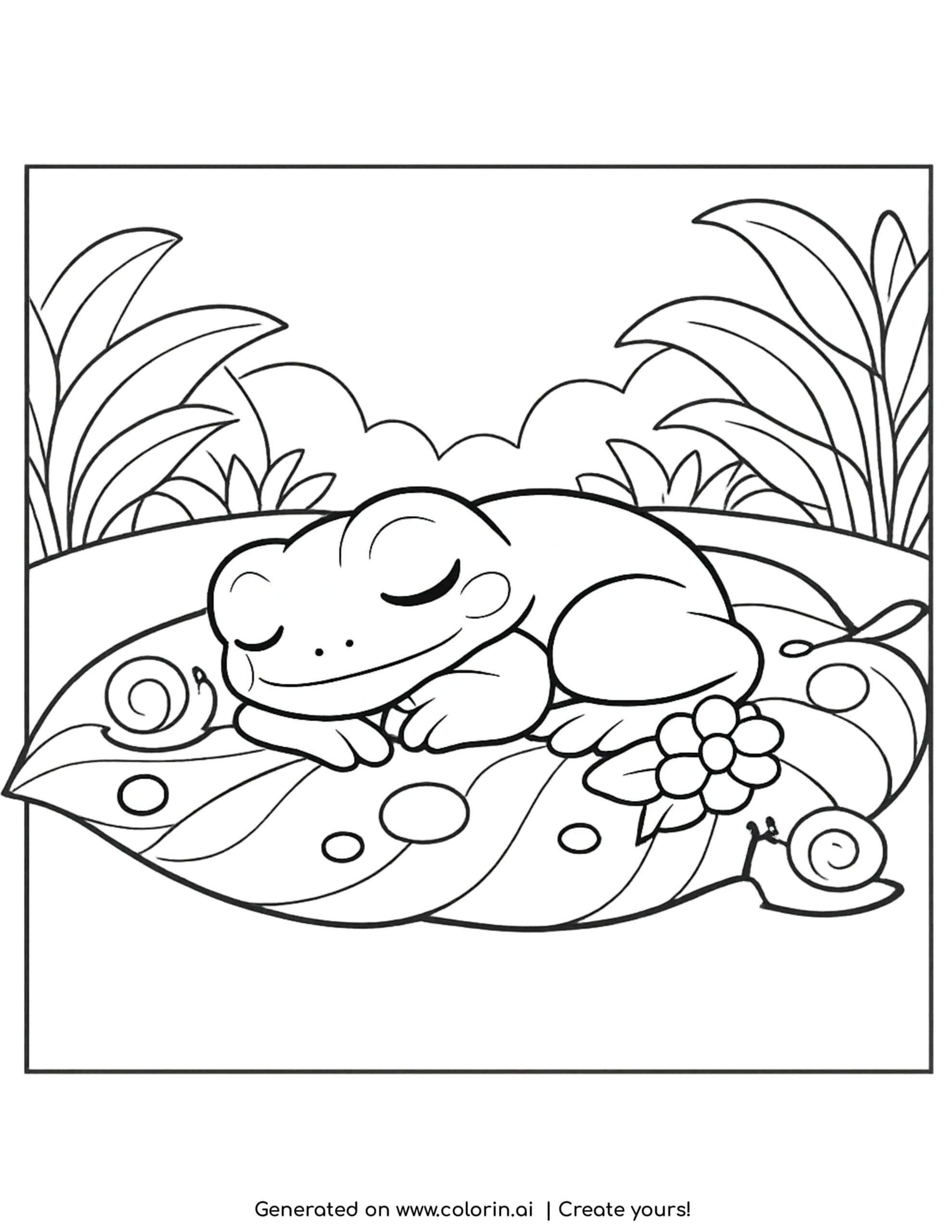 sleepy frog curled on leaf with snails coloring page with flowers and dew drops
