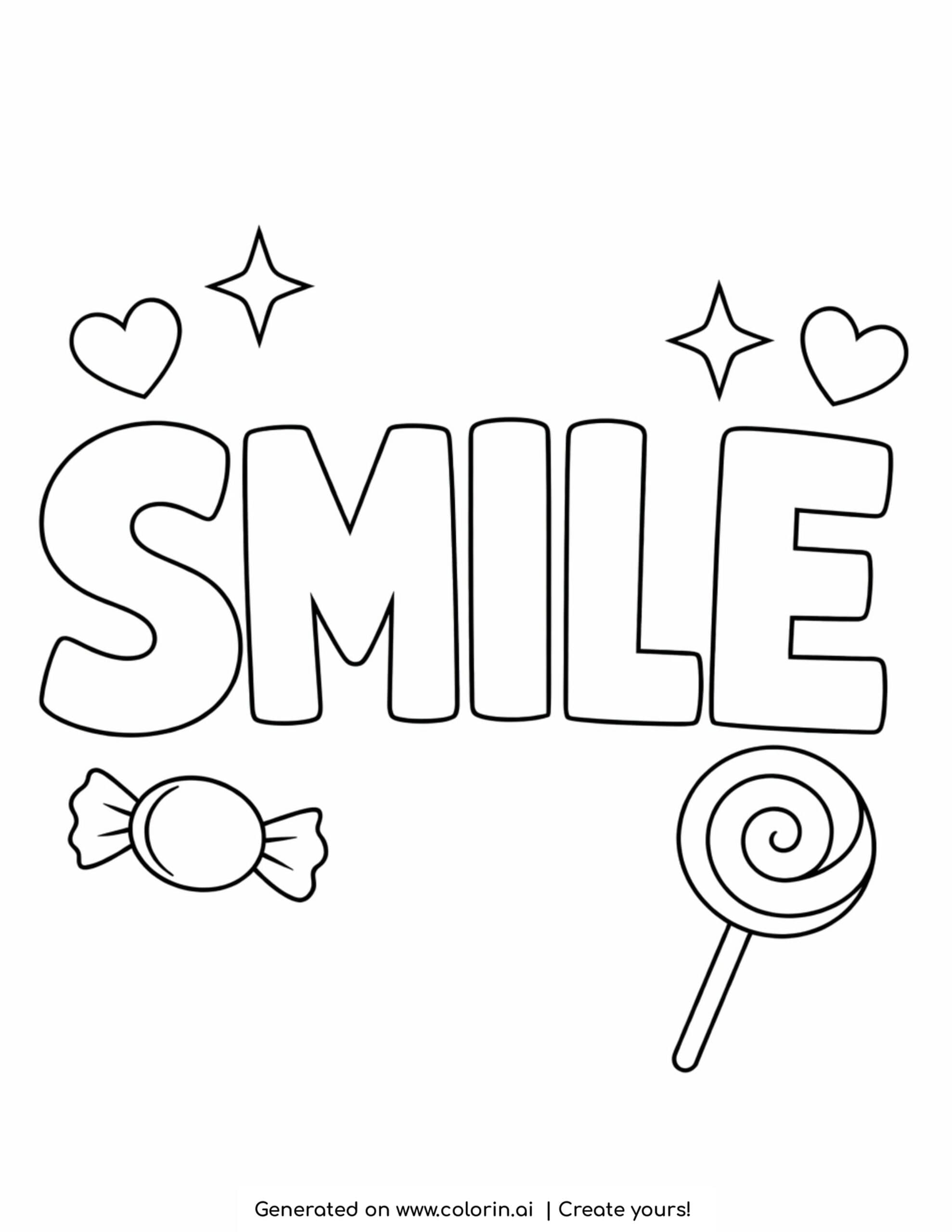 smile with hearts and candy coloring page with stars and lollipop design coloring page
