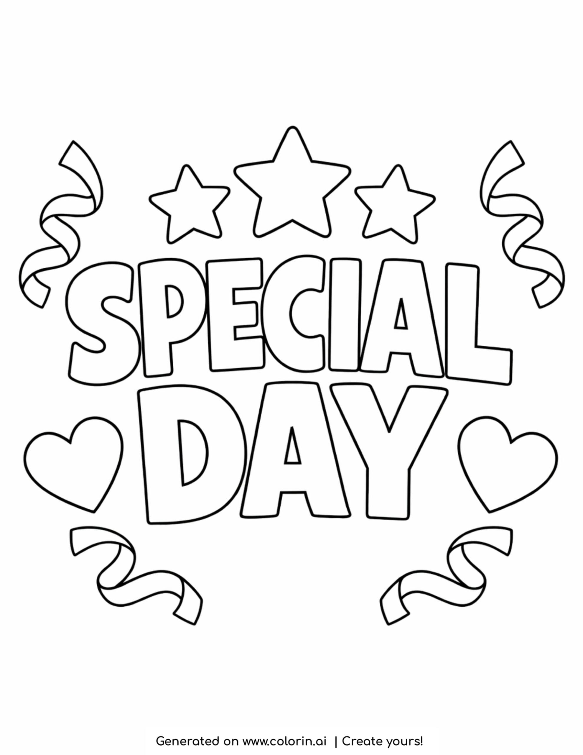 special day text with stars and hearts coloring page with ribbons and decorative elements