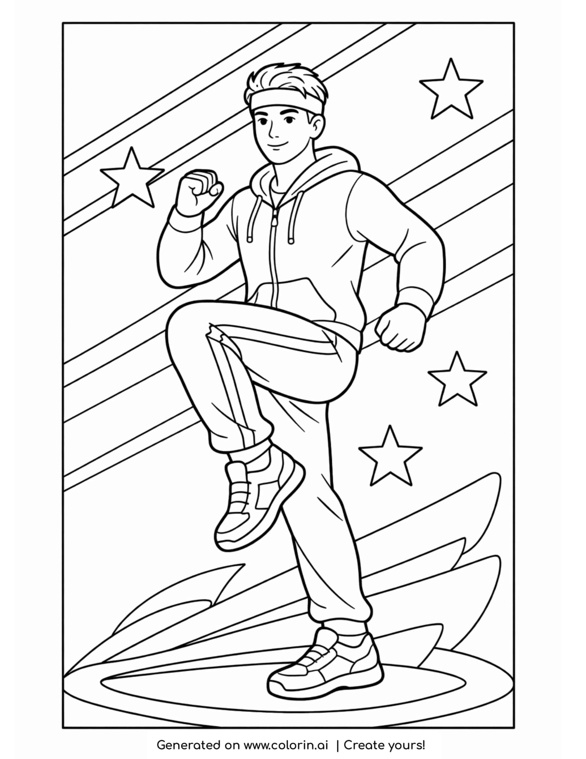 sporty man doing high knee pose coloring page with stars and dynamic background