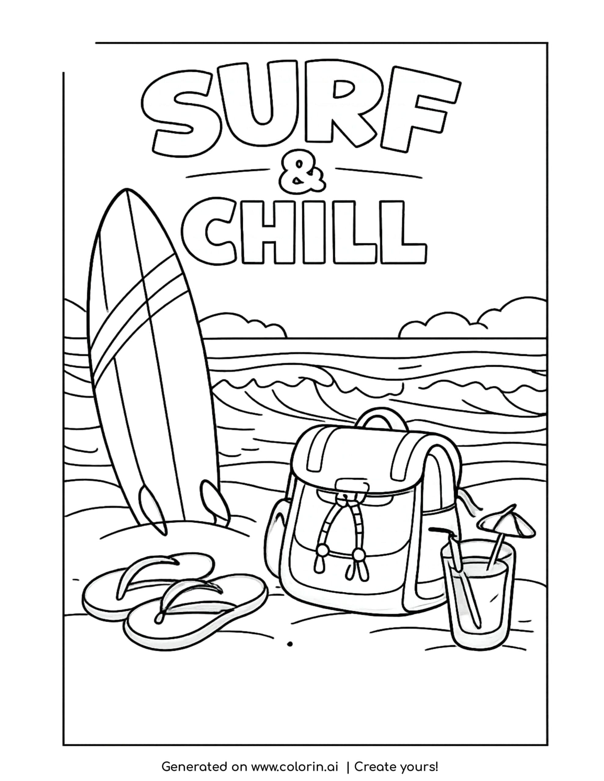 surfboard and beach backpack by ocean coloring page with waves sandals and drink