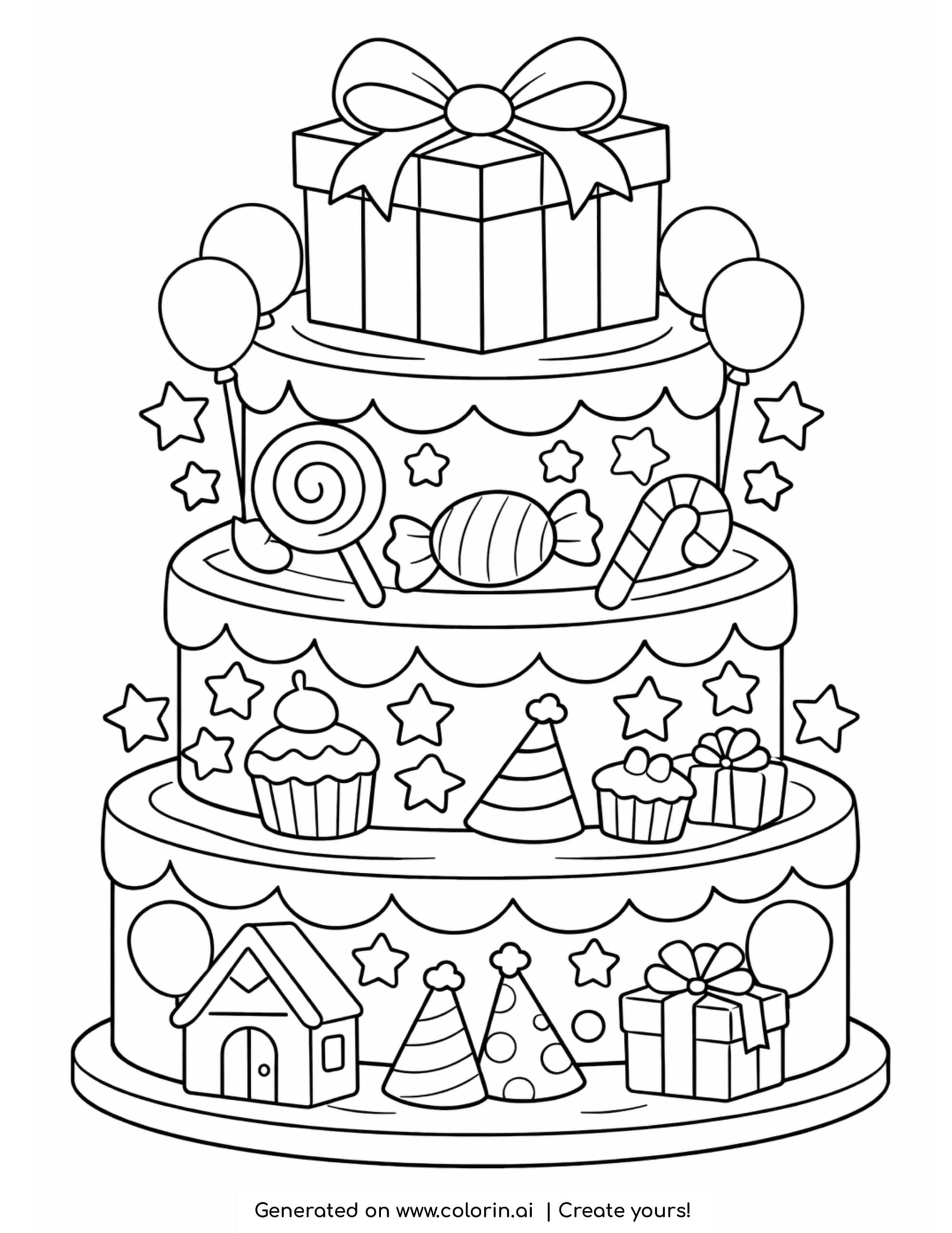 three tier birthday cake with gifts coloring page with candies and festive decorations