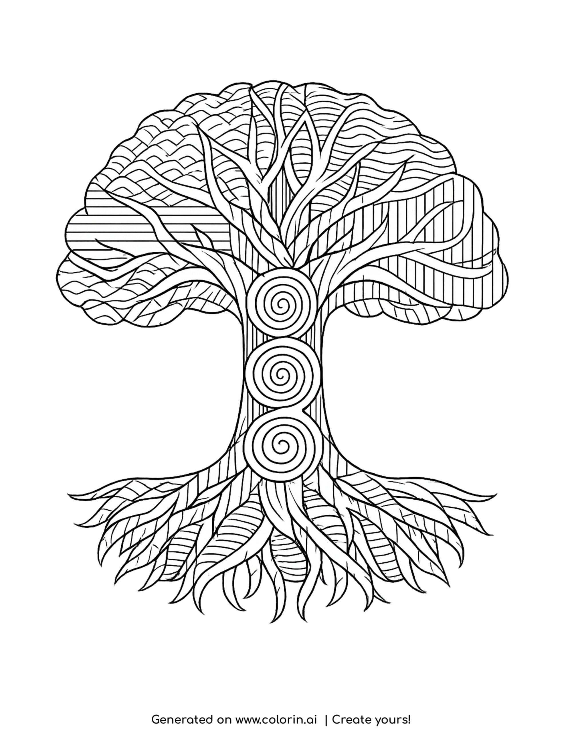 tree of life with spiral trunk coloring page with roots and branches full of patterns