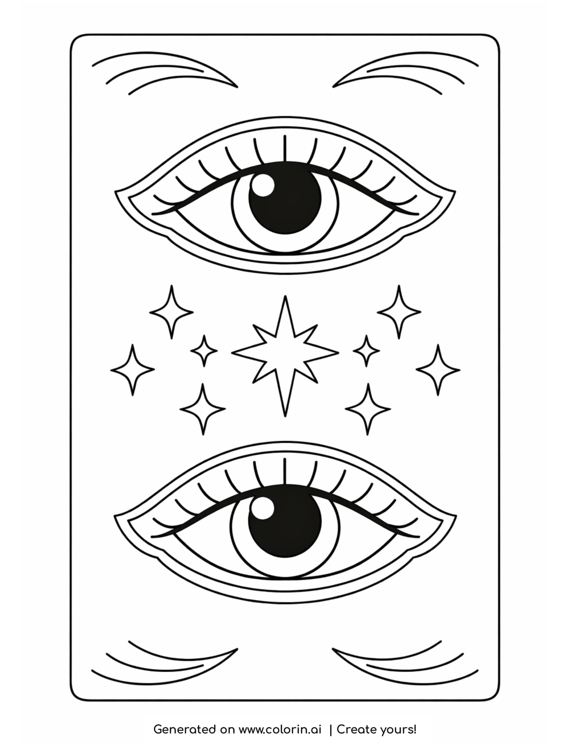 two eyes with stars between coloring page with decorative lines and lashes