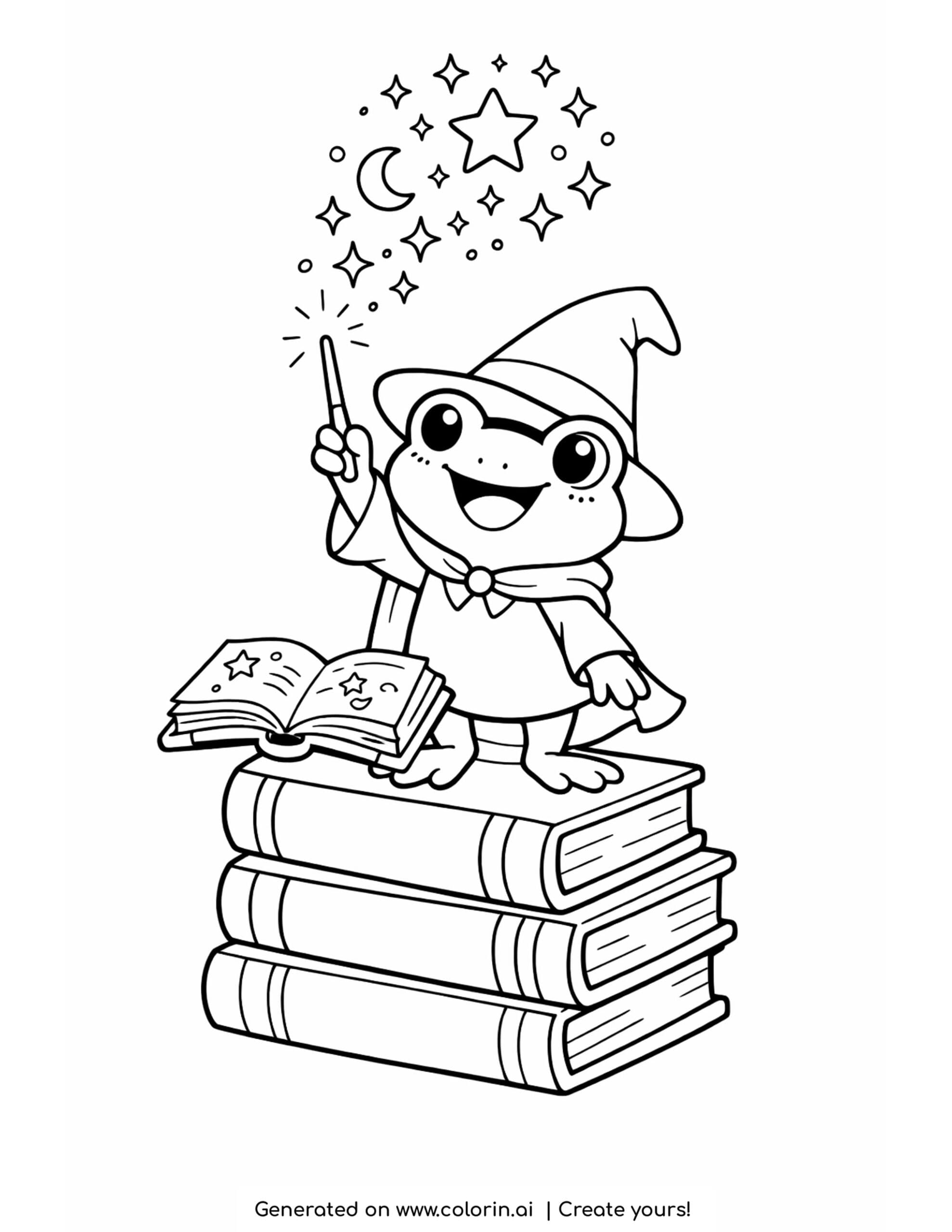 wizard frog casting spell on stacked books with stars coloring page