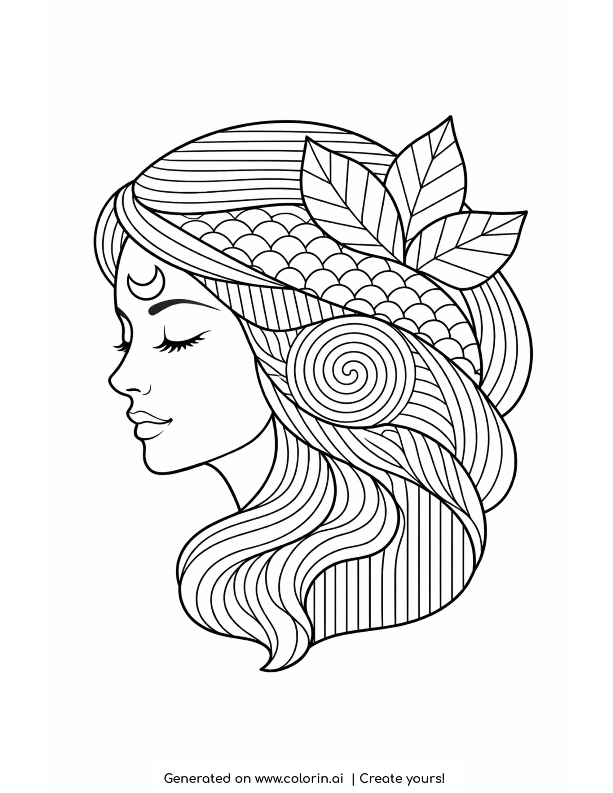 woman profile with flowing hair and leaves elegant coloring page