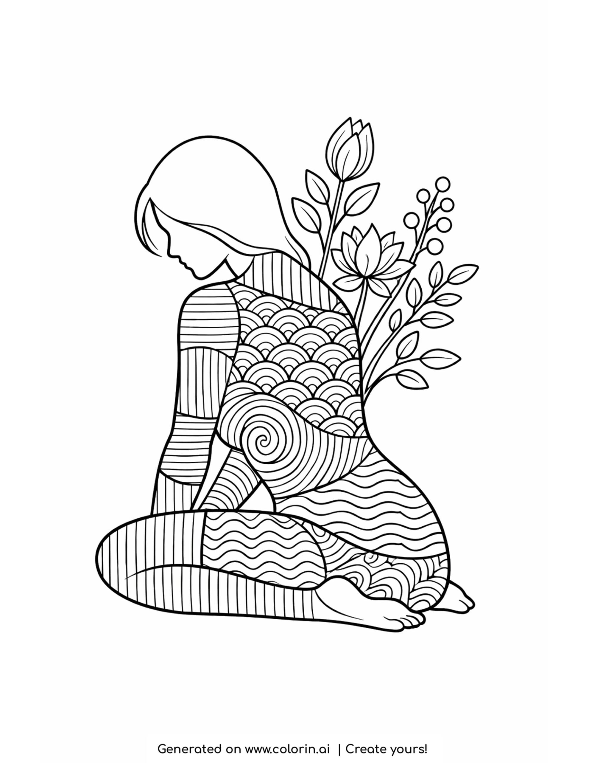 woman with flowers growing from body coloring page with organic patterns and floral elements