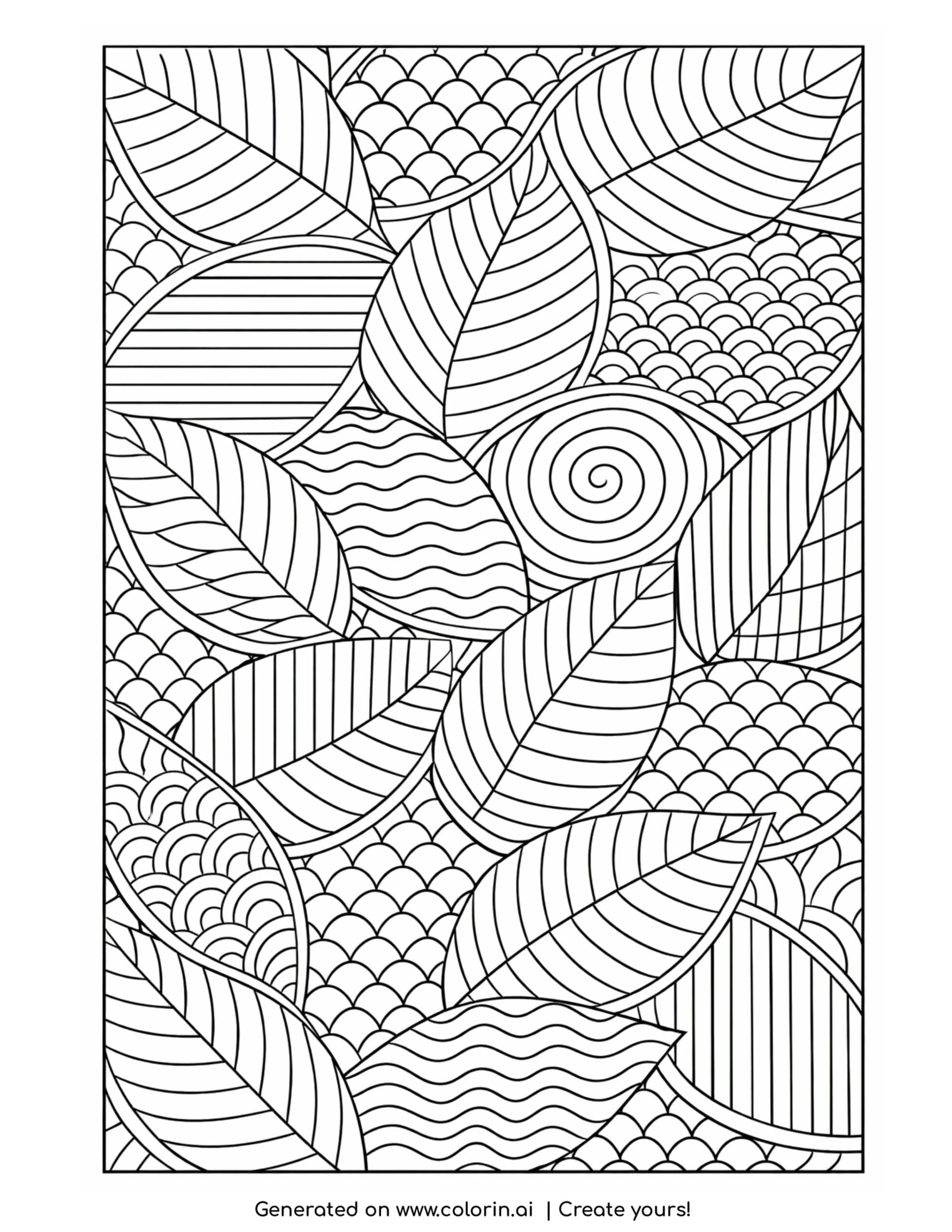 zentangle leaf pattern mosaic coloring page with overlapping leaves and textured patterns