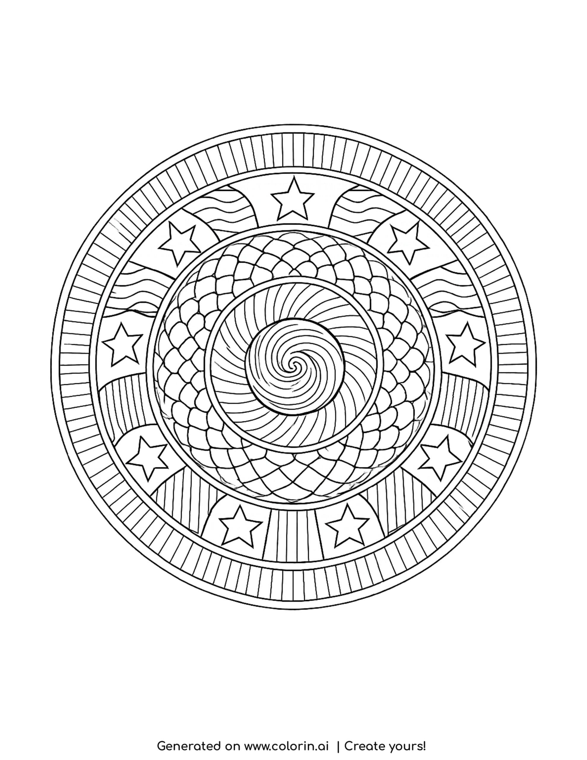 zentangle radial mandala with stars coloring page with spiral center and circular layers