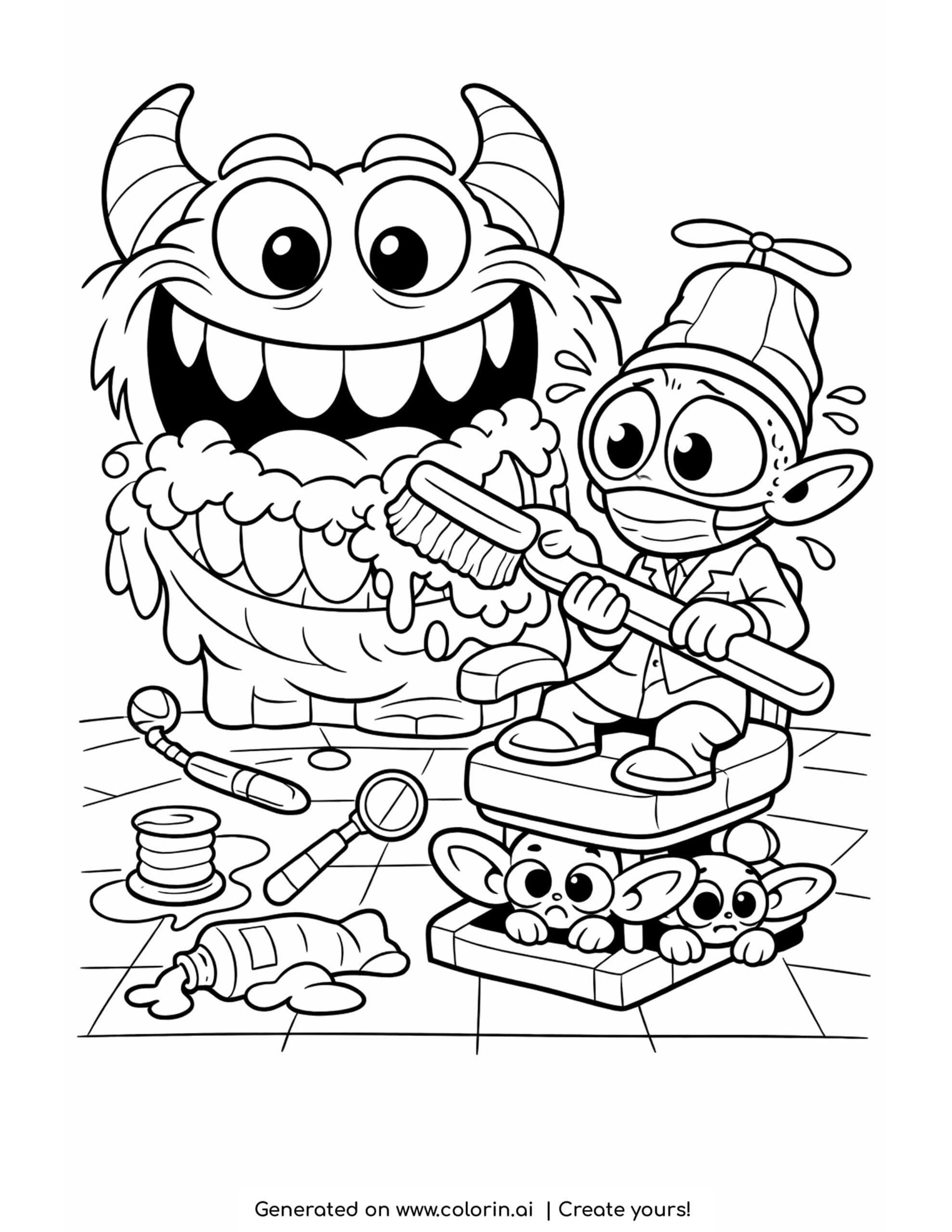 alien brushing monster teeth coloring page with giant toothbrush and funny dental scene