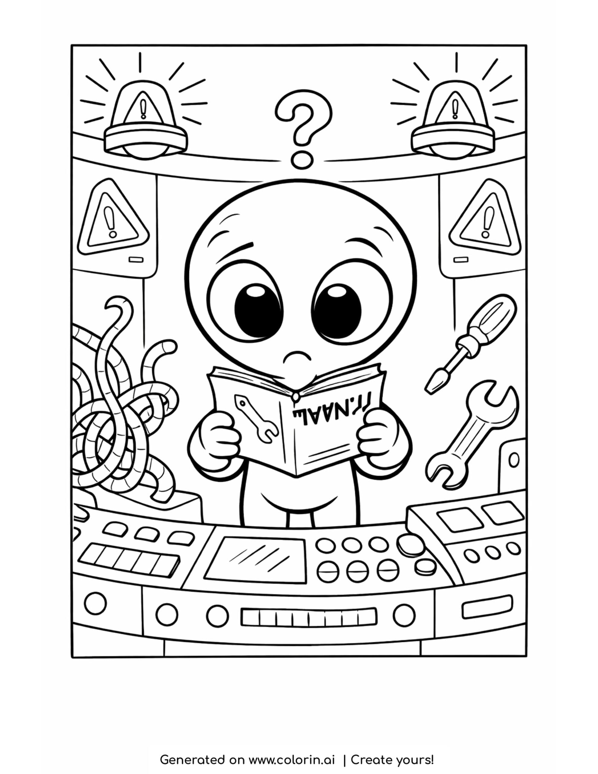 alien checking backwards manual coloring page with warning lights and control panels
