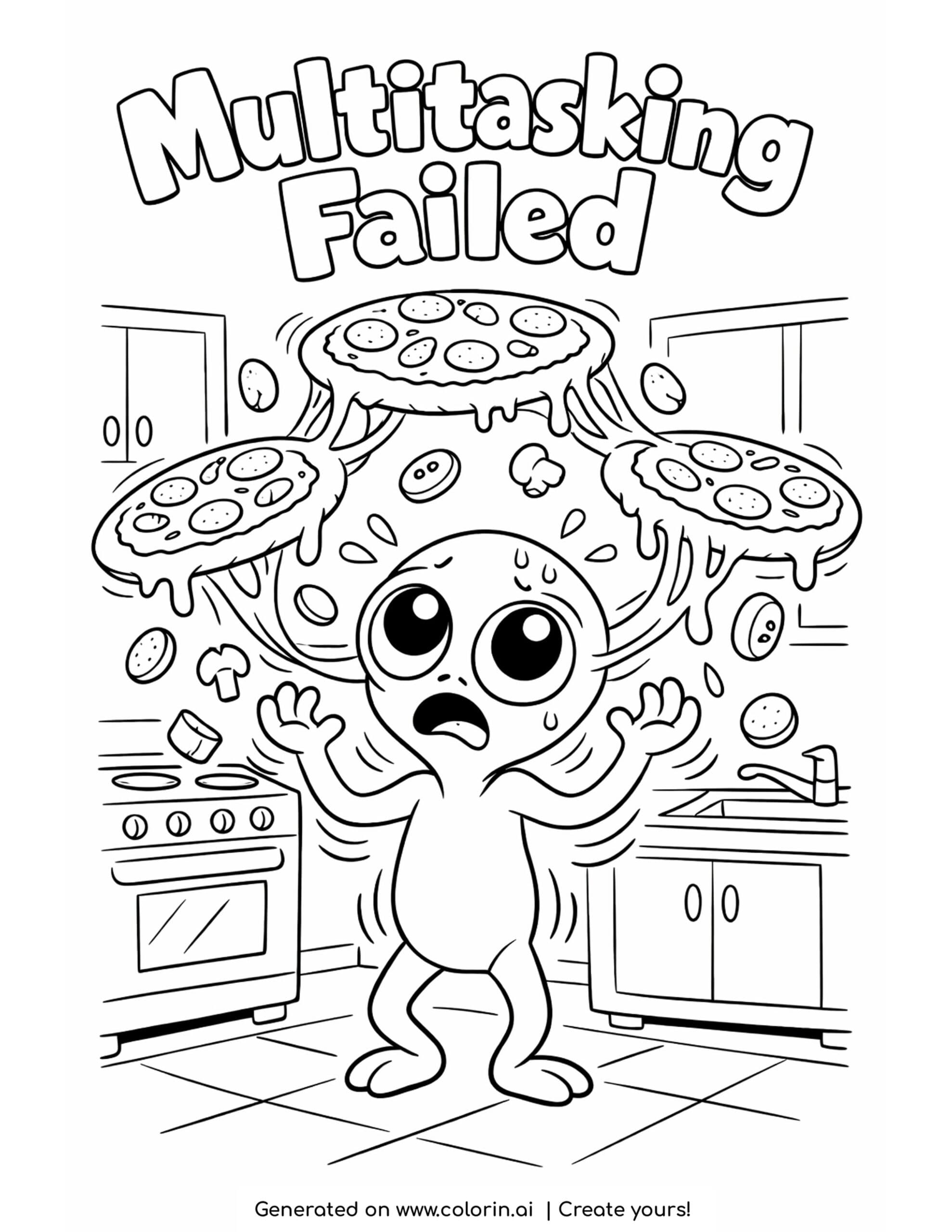 alien dodging flying pizzas coloring page with melting cheese and kitchen chaos