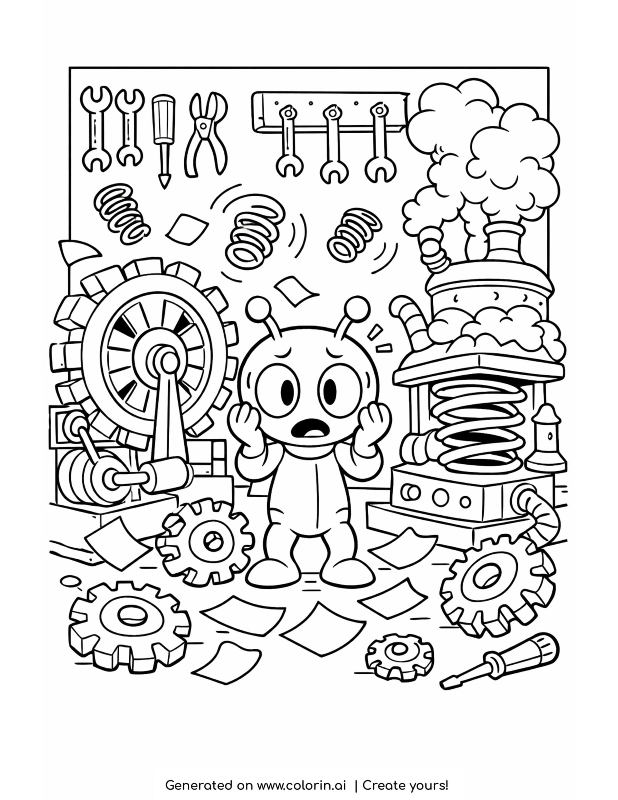 alien dodging runaway gears coloring page with spinning machines and flying springs