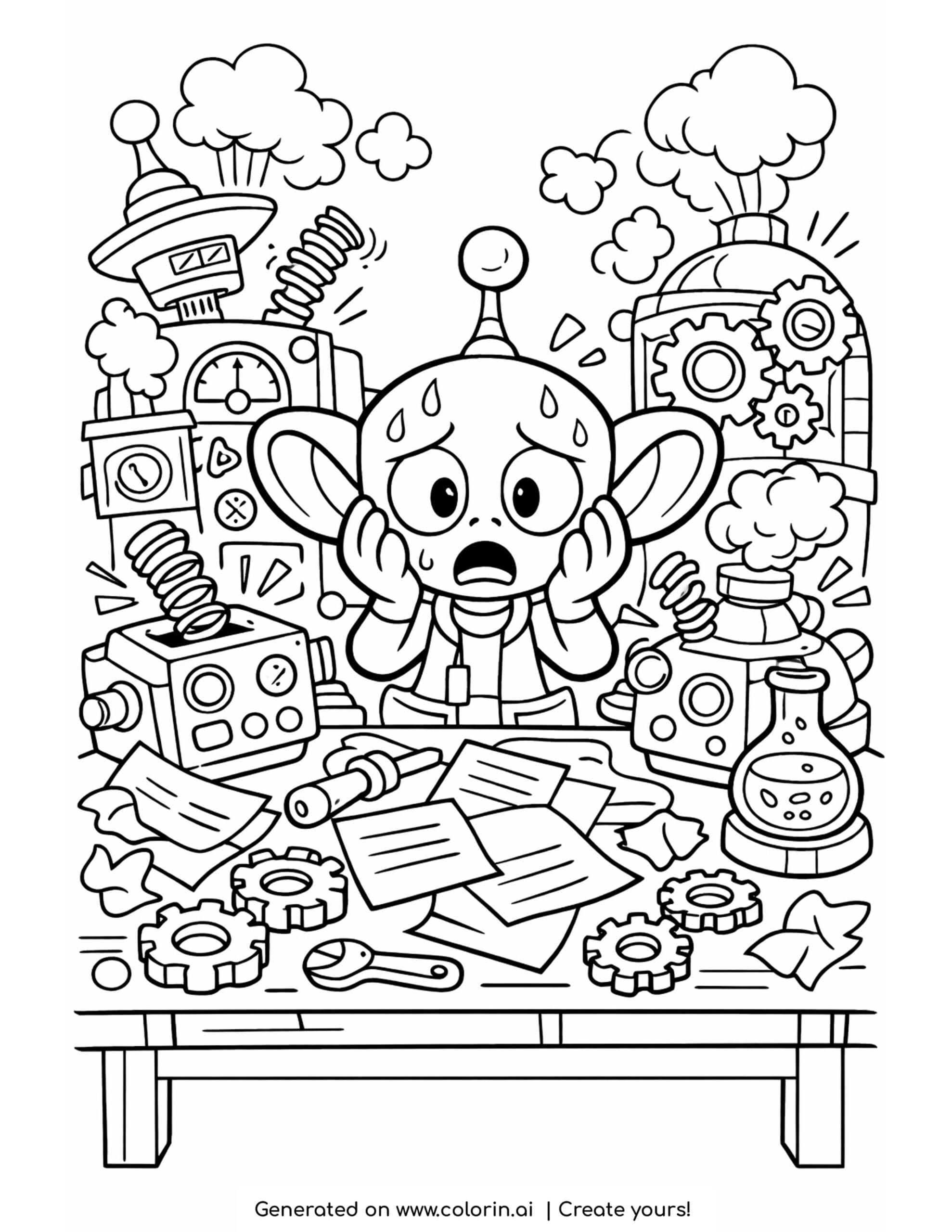 alien overwhelmed by invention desk coloring page with flying springs and smoking machines
