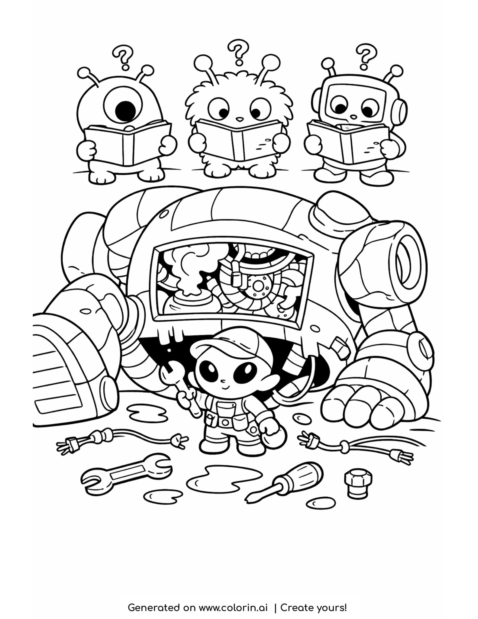 alien repairing broken robot coloring page with scattered tools and confused helper creatures