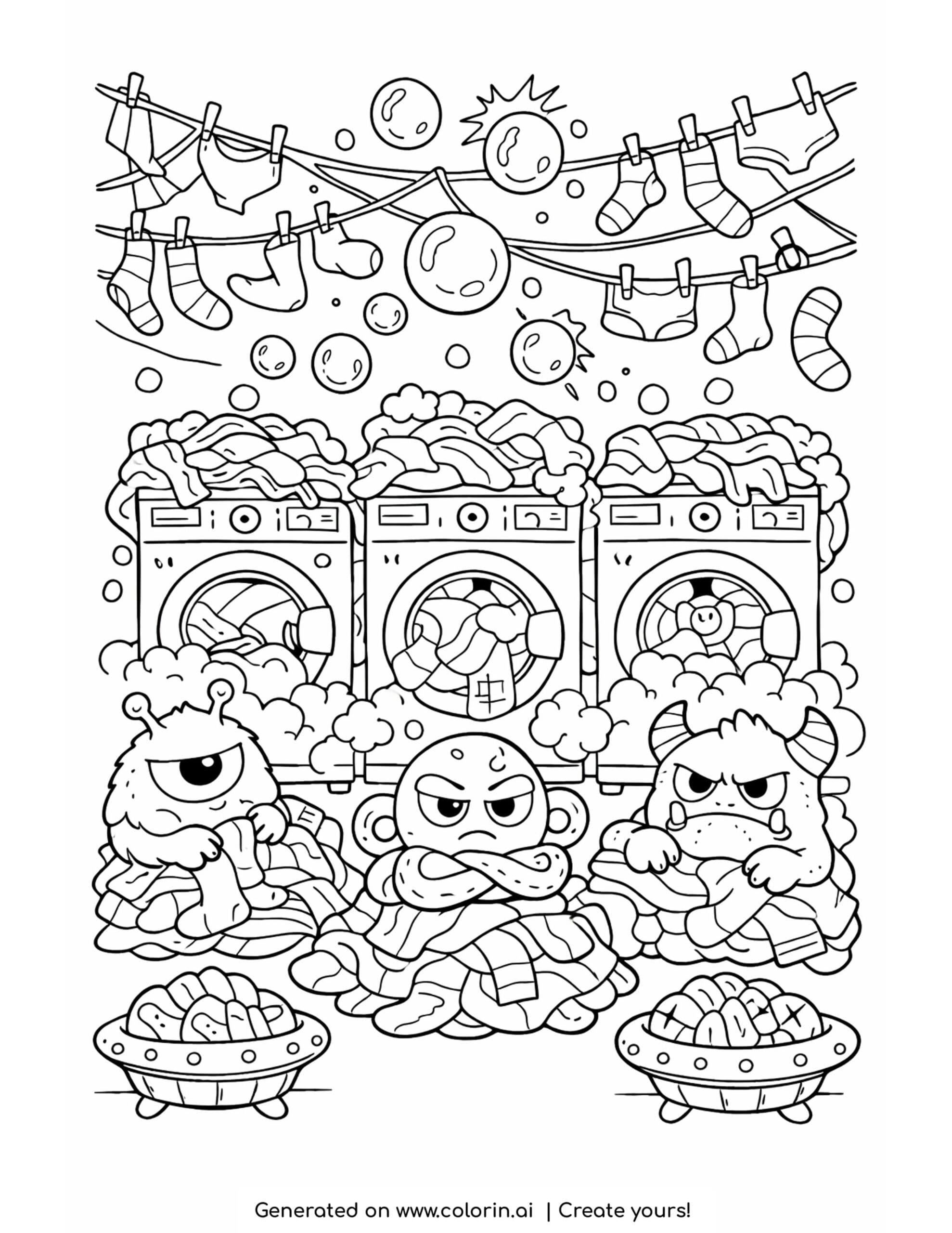 alien sorting giant laundry coloring page with overloaded washing machines and floating socks