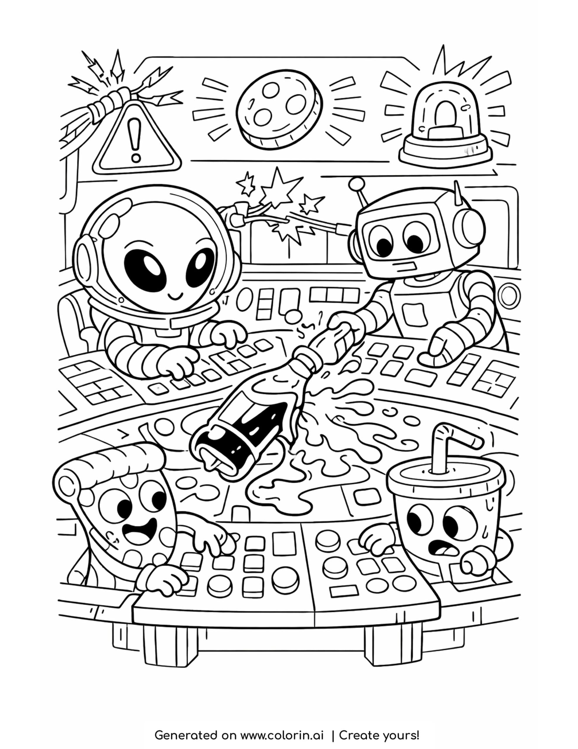 alien spilling soda in spaceship coloring page with robot and food characters pressing buttons