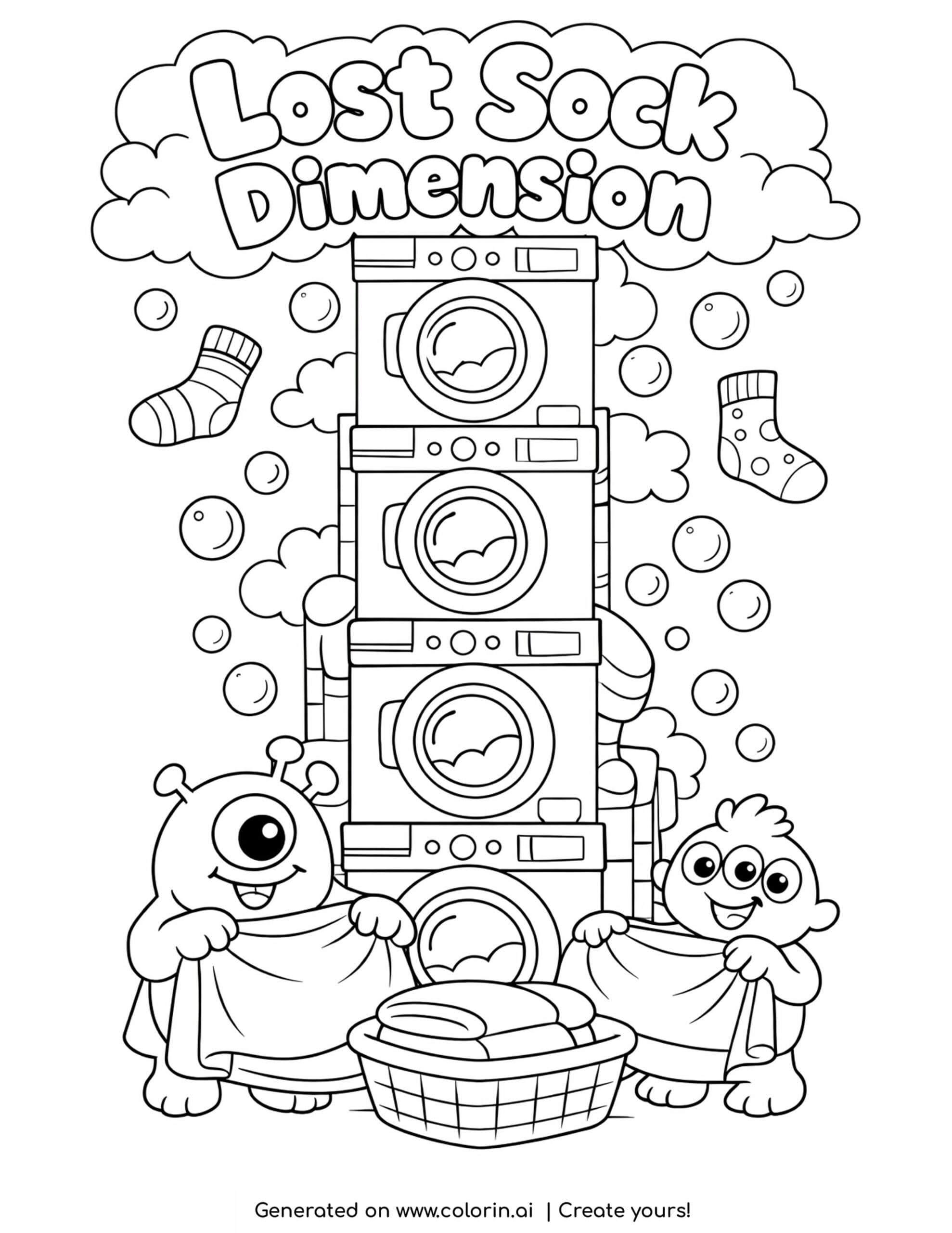 aliens folding giant towels coloring page with stacked washing machines and floating socks