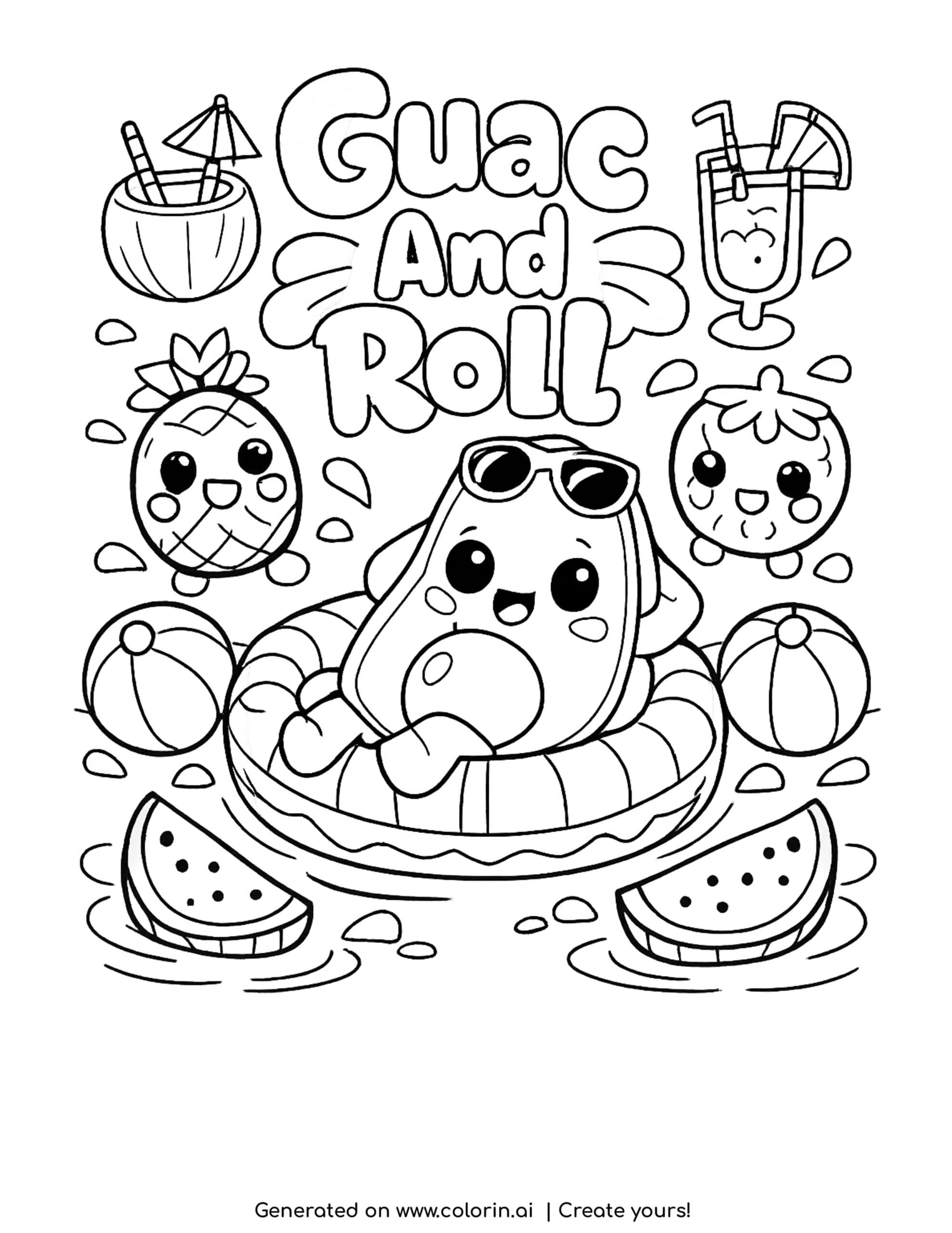 avocado floating in pool ring coloring page with tropical drinks fruit characters and beach balls