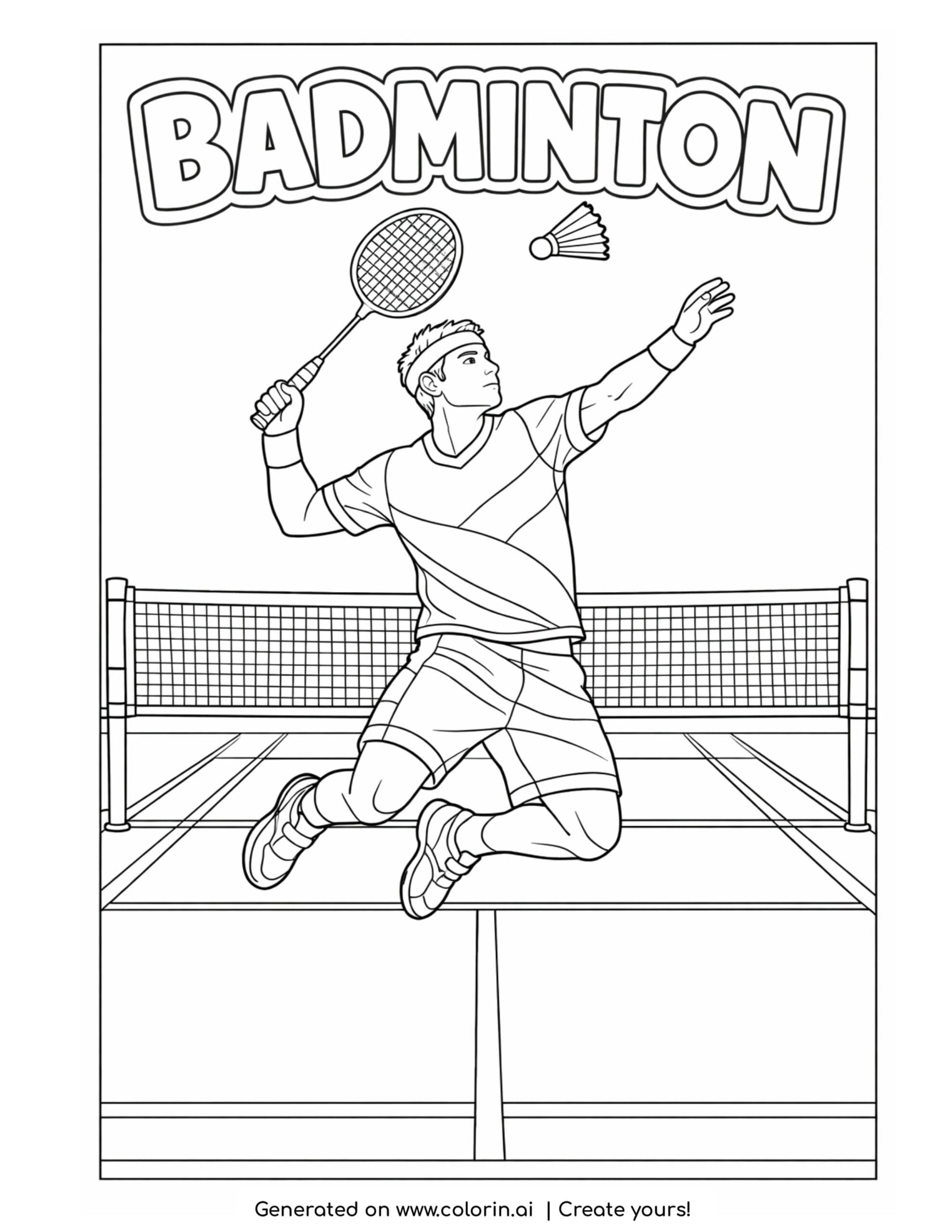 badminton player hitting shuttlecock coloring page with net and court lines