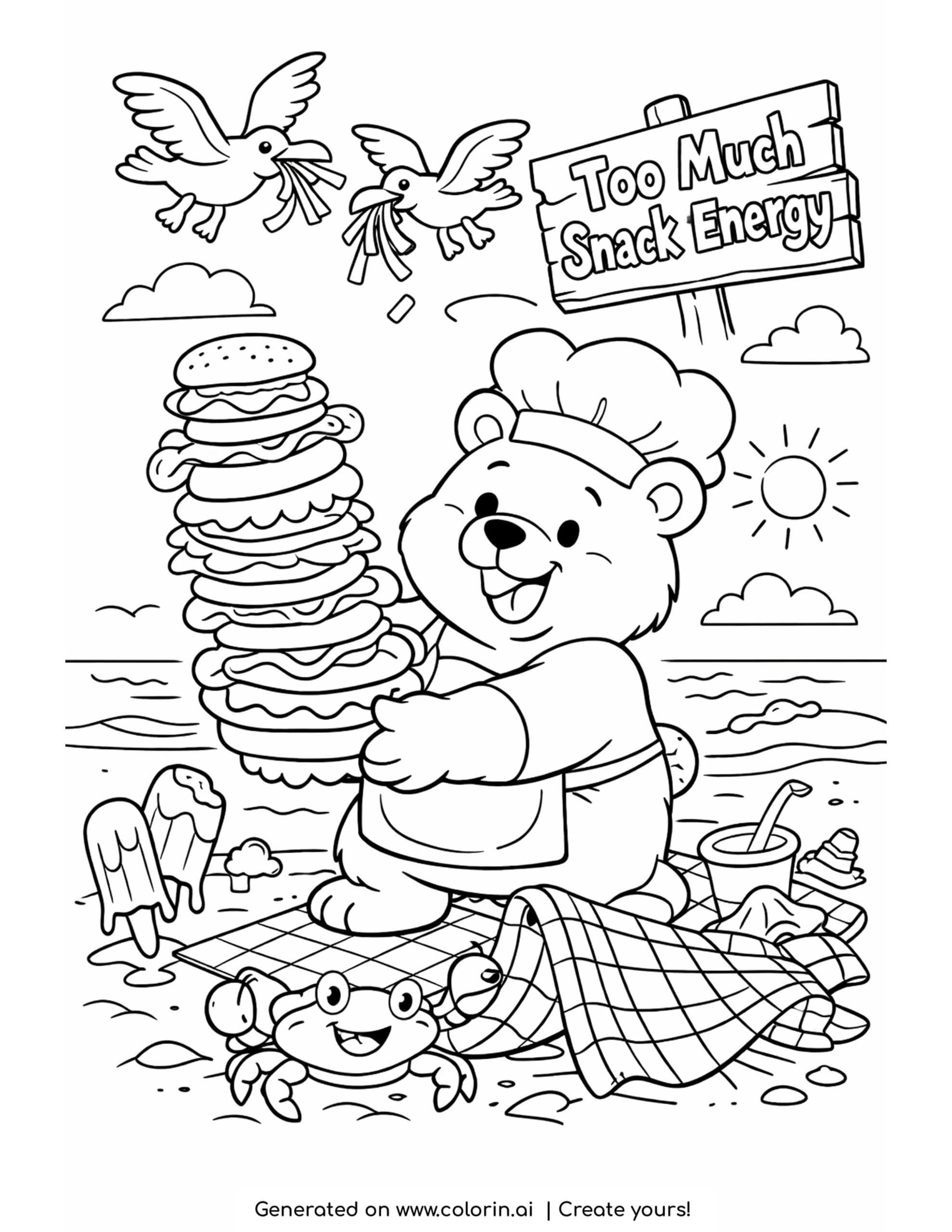 bear carrying burger tower coloring page with beach picnic and snack stack